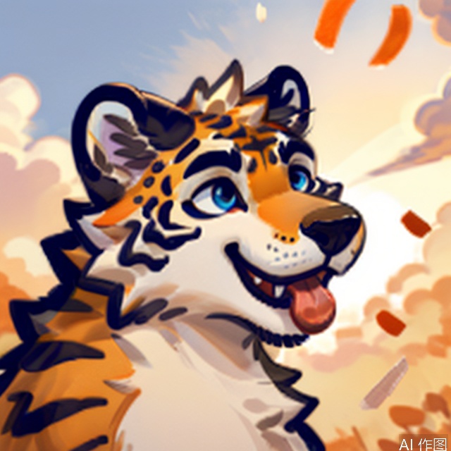 sky, day, tongue, cloud, tongue out, blue sky, furry, animal, cat, tiger, realistic, animal focus, whiskers,Fur_soft