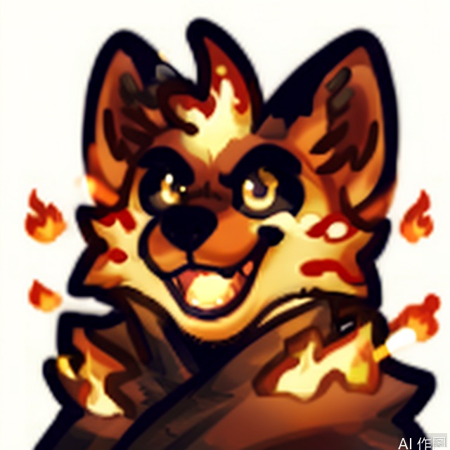 solo, smile, , simple background, white background, closed mouth, emoticon, :3, animal, Fur_soft, animal focus,demon,demon dog,evil,red fur,horns,fire