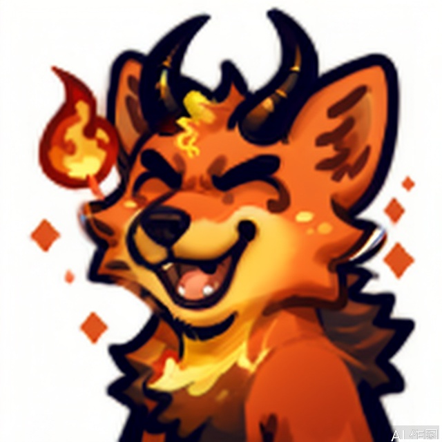 solo, smile, , simple background, white background, closed mouth, emoticon, :3, animal, Fur_soft, animal focus,demon,demon dog,evil,red fur,horns,fire