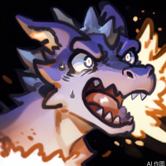 solo, open mouth, sweat, teeth, sweatdrop, pokemon \(creature\), dragon, fangs, furry,sharp teeth, electricity, dark, scared, white eyes, blank eyes,Fur_soft