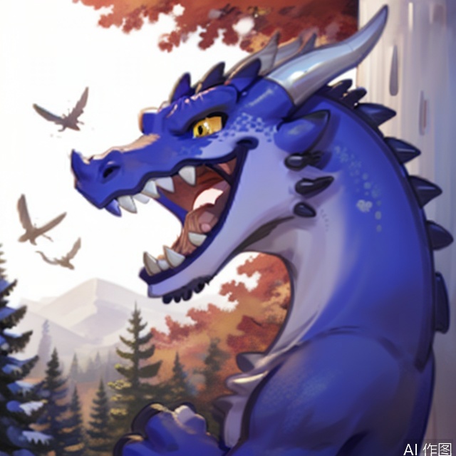 open mouth, yellow eyes, horns, teeth, tree, monster dragon, sharp teeth, monster, dragon, pillar, column
,furry,Fur_soft