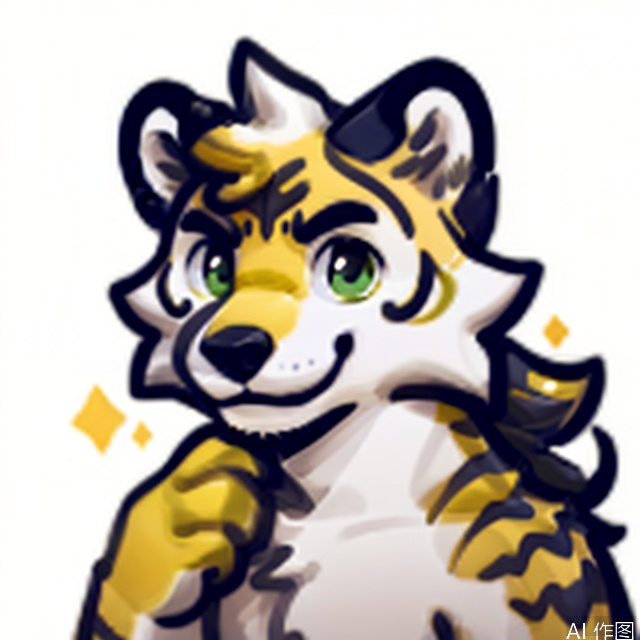 solo, smile, 1boy, simple background, white background, furry,emoticon, :3, long hair,green eyes, Fur_soft, animal focus,tiger boy,black fur,tiger,long hair,yellow.hair