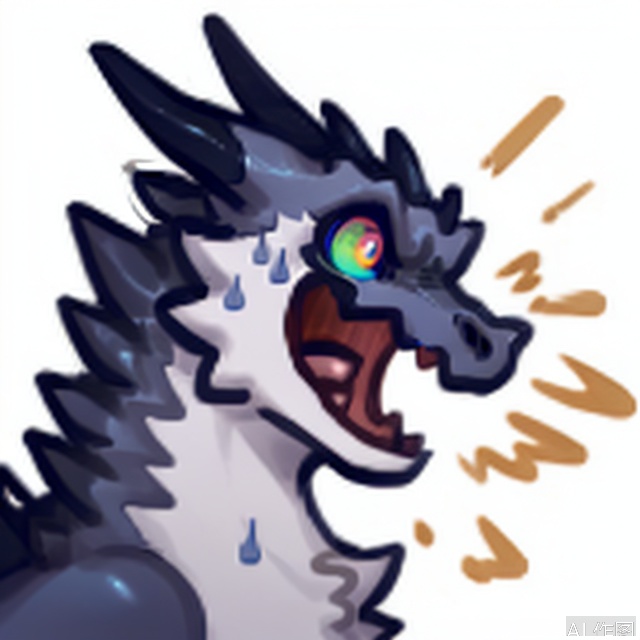 solo, open mouth, white background,sweat, teeth, sweatdrop, pokemon \(creature\), dragon, fangs, furry,sharp teeth, black skin,electricity, dark, scared, rainbow eyes, blank eyes,Fur_soft