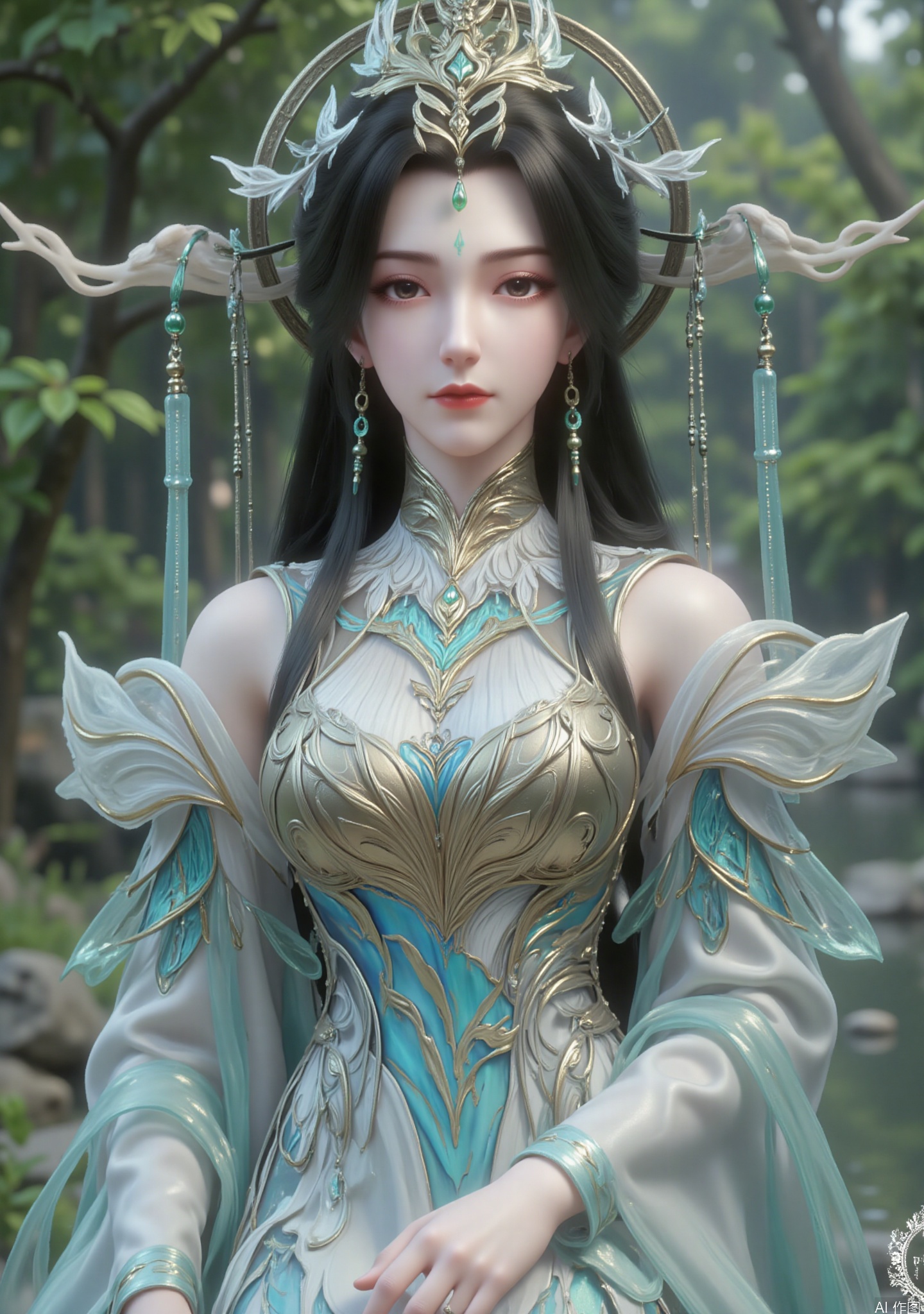 The image depics a woman with long black hair wearing a crown-like headdress adorned with intricate green leaves accessories and hanging beads, carefully decorated with flowing ethereal elements extending from it. The character's expression is quiet and calm, with a hint of smile
She wore an elaborate flowing outfit that features a blend of white, blue and gold. The outfit is gorgeous with intricate patterns and designs that suggest an emperor or sacred qualities

She sat gracefully outdoors, with lush green trees and waterscapes in the background, creating a classic and elegant atmosphere, showing the gentleness and softness of oriental women.
