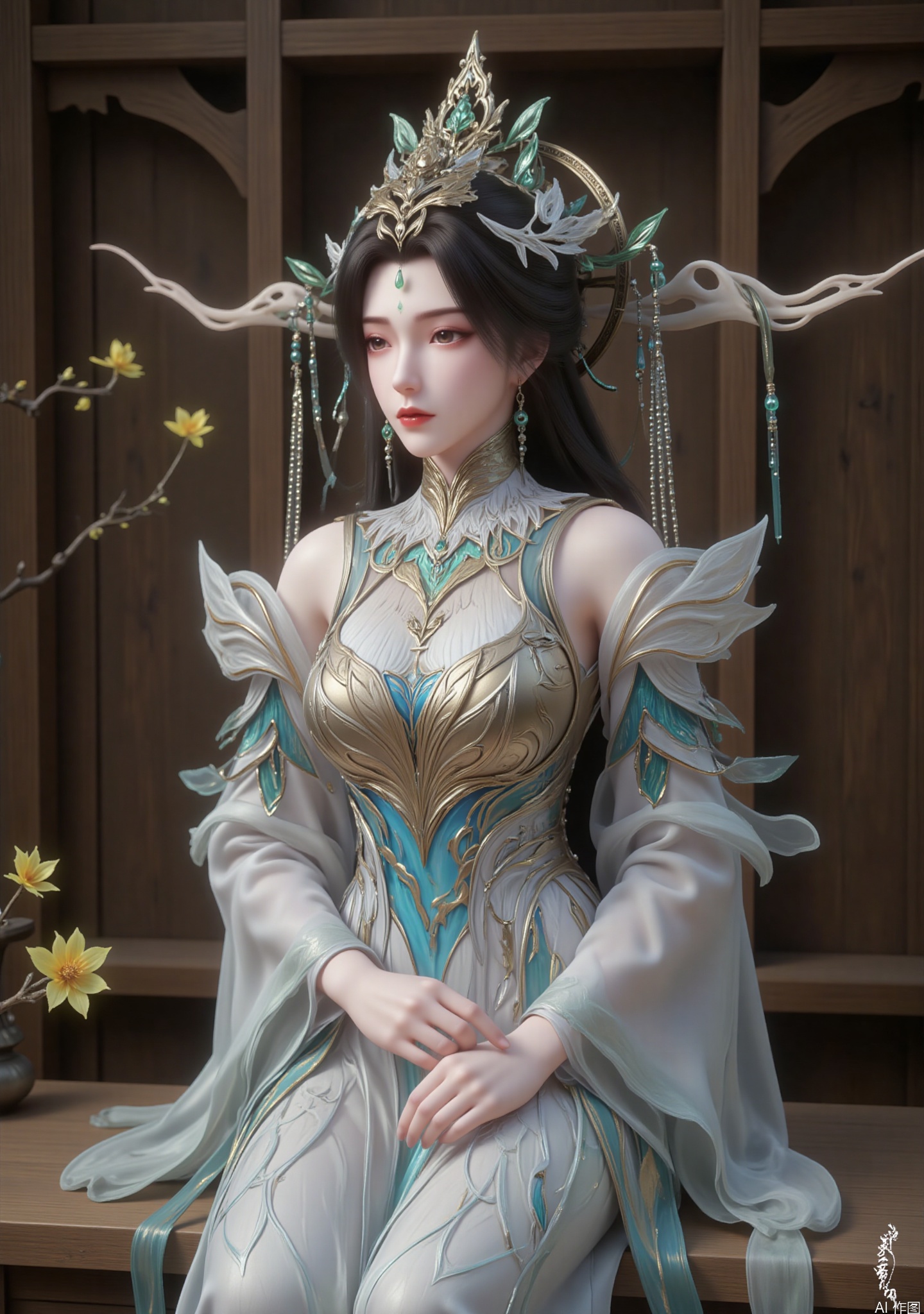 The image depics a woman with long black hair wearing a crown-like headdress adorned with intricate green leaves accessories and hanging beads, carefully decorated with flowing ethereal elements extending from it. The character's expression is quiet and calm, with a hint of smile
She wore an elaborate flowing outfit that features a blend of white, blue and gold. The outfit is gorgeous with intricate patterns and designs that suggest an emperor or sacred qualities

She placed her hands on her thighs, with one leg bent, and sat relaxed on a wooden table. The background is an indoor environment, with wooden walls and branches decorated with yellow flowers. The overall atmosphere is simple and full of lifestyle.