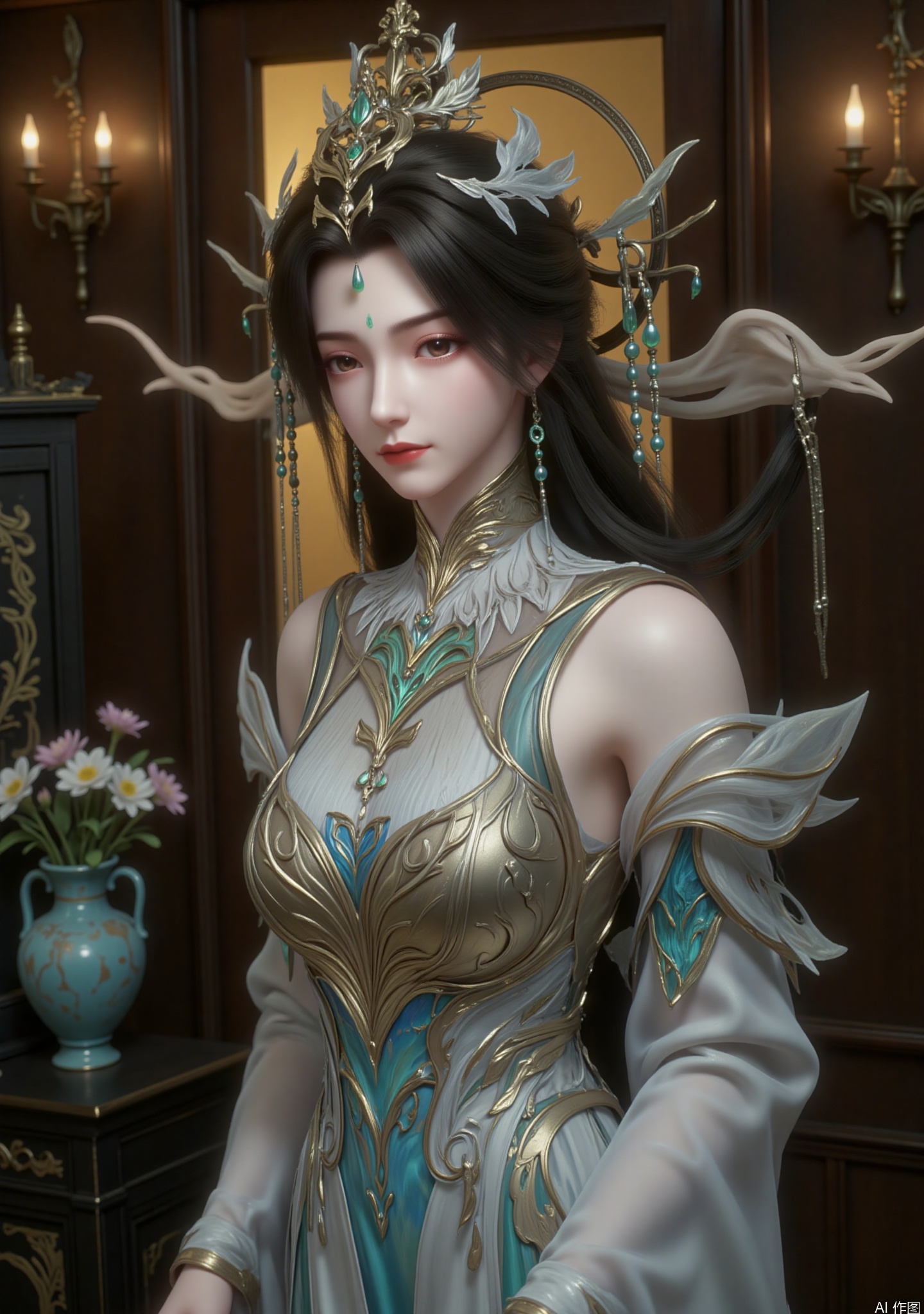 The image depicts a woman with long black hair wearing a crown-like headdress adorned with intricate green leafy accessories and hanging beads, carefully decorated with flowing ethereal elements extending from it. The character's expression is quiet and calm, with a hint of smile

She wore an elaborate flowing outfit that features a blend of white, blue and gold. The outfit is gorgeous with intricate patterns and designs that suggest an emperor or sacred qualities

She stood next to a black cabinet decorated with golden floral and leaf patterns, next to the cabinet was a blue vase with several flowers inside. The background is an indoor environment, with wooden doors and warm yellow lights, creating an elegant and oriental atmosphere as a whole.