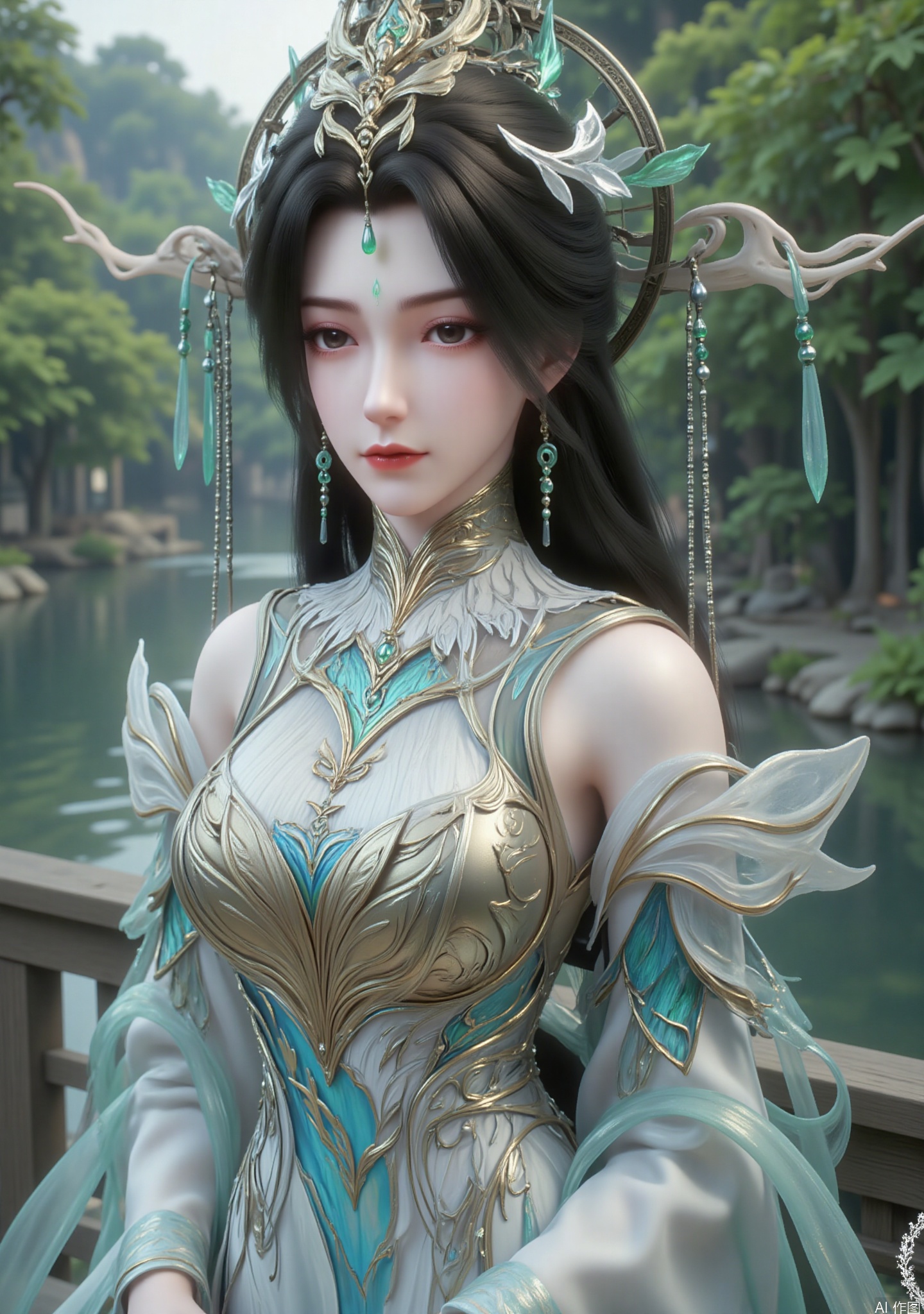 The image depics a woman with long black hair wearing a crown-like headdress adorned with intricate green leaves accessories and hanging beads, carefully decorated with flowing ethereal elements extending from it. The character's expression is quiet and calm, with a hint of smile
She wore an elaborate flowing outfit that features a blend of white, blue and gold. The outfit is gorgeous with intricate patterns and designs that suggest an emperor or sacred qualities

She sat gracefully outdoors, with lush green trees and waterscapes in the background, creating a classic and elegant atmosphere, showing the gentleness and softness of oriental women.