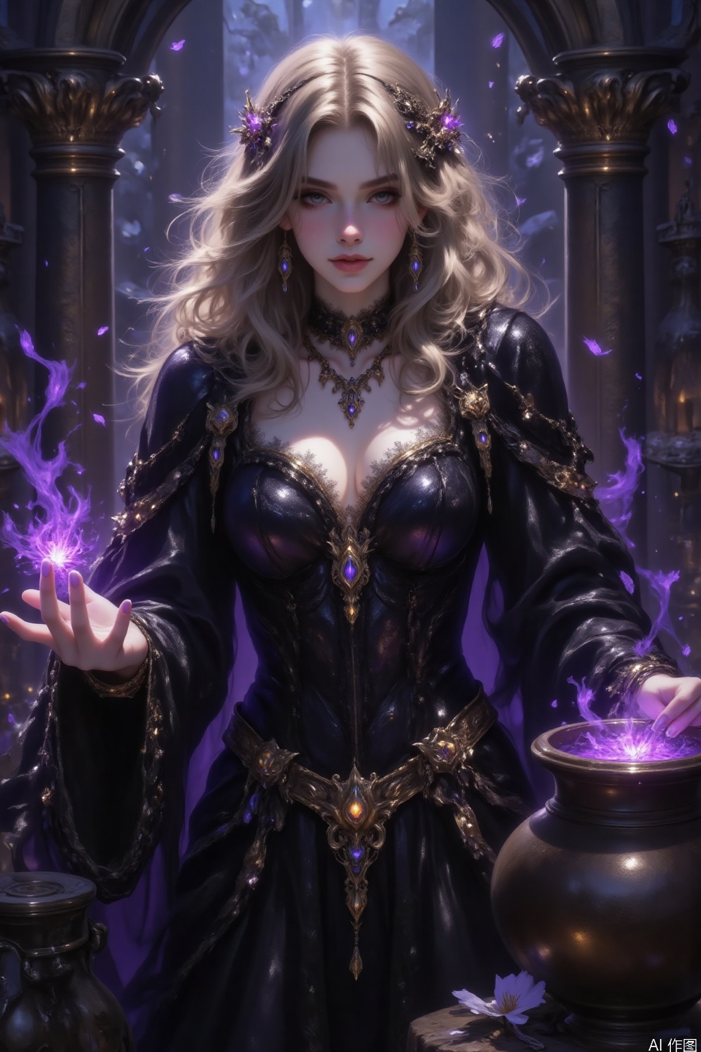 The image depicts a fantasy-themed artwork featuring a woman with long, wavy blonde hair. She is dressed in an elaborate black and gold outfit with intricate designs, including a deep neckline and ornate jewelry. Her expression is confident and slightly mysterious, with a hint of allure. She is standing in front of a large, ornate cauldron that is emitting purple magical energy. The background is dark, with swirling purple and blue magical effects, enhancing the mystical atmosphere. The woman's posture and the cauldron suggest she is engaged in a spell or magical activity.