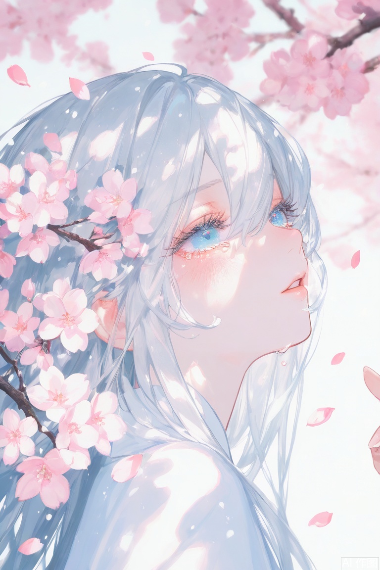 masterpiece,blurry background,loli,loli,light leaks,fair_skin,1girl,solo,blue eyes,petals,cherry blossoms,blurry background,blurry,long hair,flower,close-up,parted lips,hair between eyes,grey hair,blush,falling petals,branch,hand up,portrait,tears,spring \(season\),white flower,depth of field,fingernails,sparkle,white hair,from side,eyelashes,depth_of_field,background light,available light,silver,snow,
