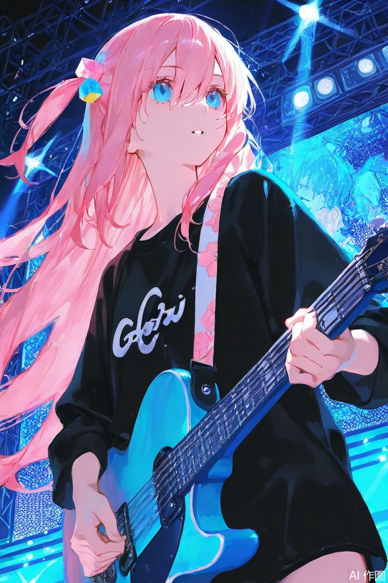 (best quality),(masterpiece),((beautiful:0.75) cute girl:0.75),[clear and clean] pixiv (illustration),gotou hitori,black shirt,concert,holding instrument,guitar,pink long hair,hair ornament,cube hair ornament,hair between eyes,bangs,blue eyes, concept art