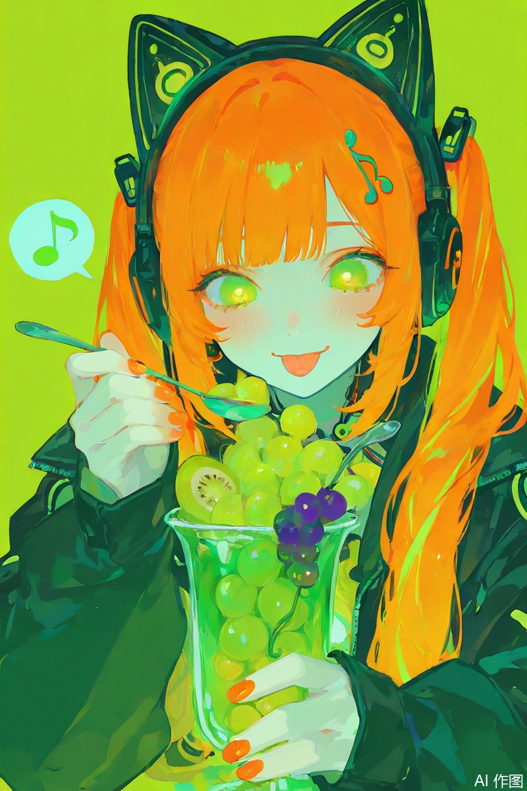 masterpiece, best quality, good quality, newest, highres, absurdres, 1girl, blush, smile, blonde hair, long sleeves, hair ornament, holding, animal ears, closed mouth, twintails, green eyes, jacket, food, tongue, tongue out, nail polish, open jacket, fake animal ears, fruit, headphones, musical note, green background, spoon, eighth note, holding spoon, green theme, spoken musical note, grapes, animal ear headphones, cat ear headphones, orange nails,big eyes, xxx667_illu, glowing, tfaix, haiz_ai, no lineart,no outline,       