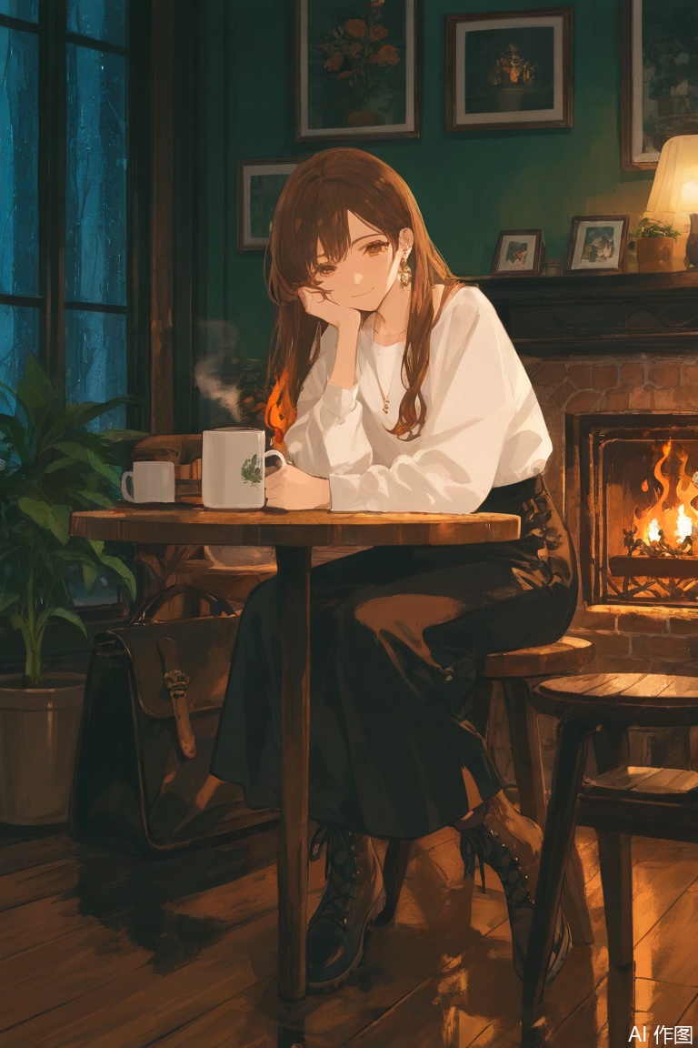masterpiece, best quality, good quality, very awa, newest, highres, absurdres, 1girl, solo, long hair, looking at viewer, smile, shirt, skirt, brown hair, long sleeves, holding, closed mouth, jewelry, sitting, brown eyes, white shirt, full body, flower, earrings, boots, indoors, black skirt, black footwear, necklace, bag, cup, window, night, brown footwear, chair, table, plant, fire, holding cup, steam, hand on own face, cross-laced footwear, reflection, rain, head rest, wooden floor, mug, hand on own cheek, potted plant, lamp, hand on own chin, stool, coffee, picture frame, vase, coffee mug, drawing \(object\), cafe, wooden table, fireplace, limited palette,      