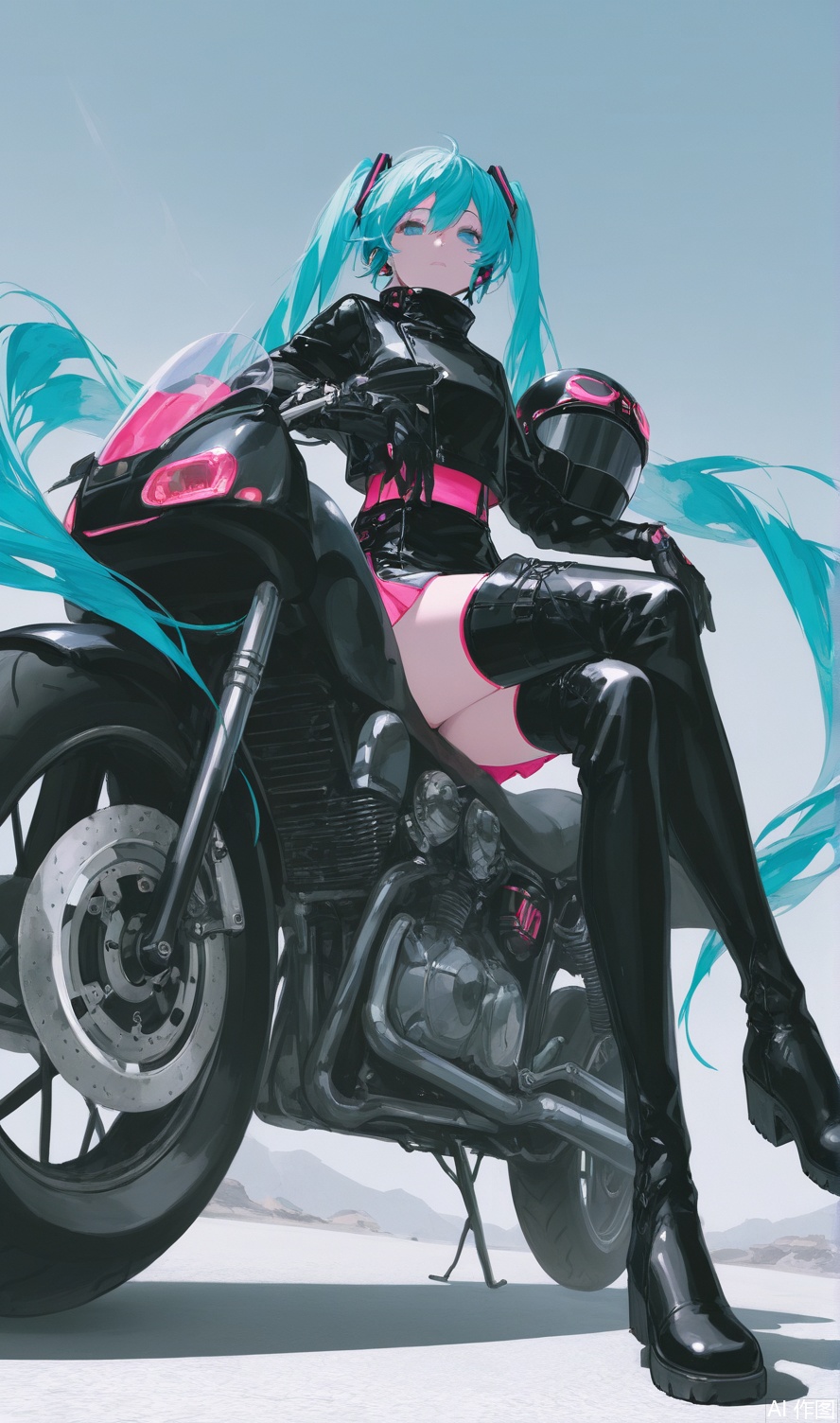 32K UHD,extremely delicate and beautiful,best quality,artistic style,fashionable,cool and fashionable
1girl,solo,hatsune miku,boots,long hair,motorcycle,motor vehicle,thigh boots,sitting,crossed legs,very long hair,twintails,looking at viewer,black footwear,gloves,from below,helmet,thighhighs,skirt, very aesthetic,masterpiece,absurdres,