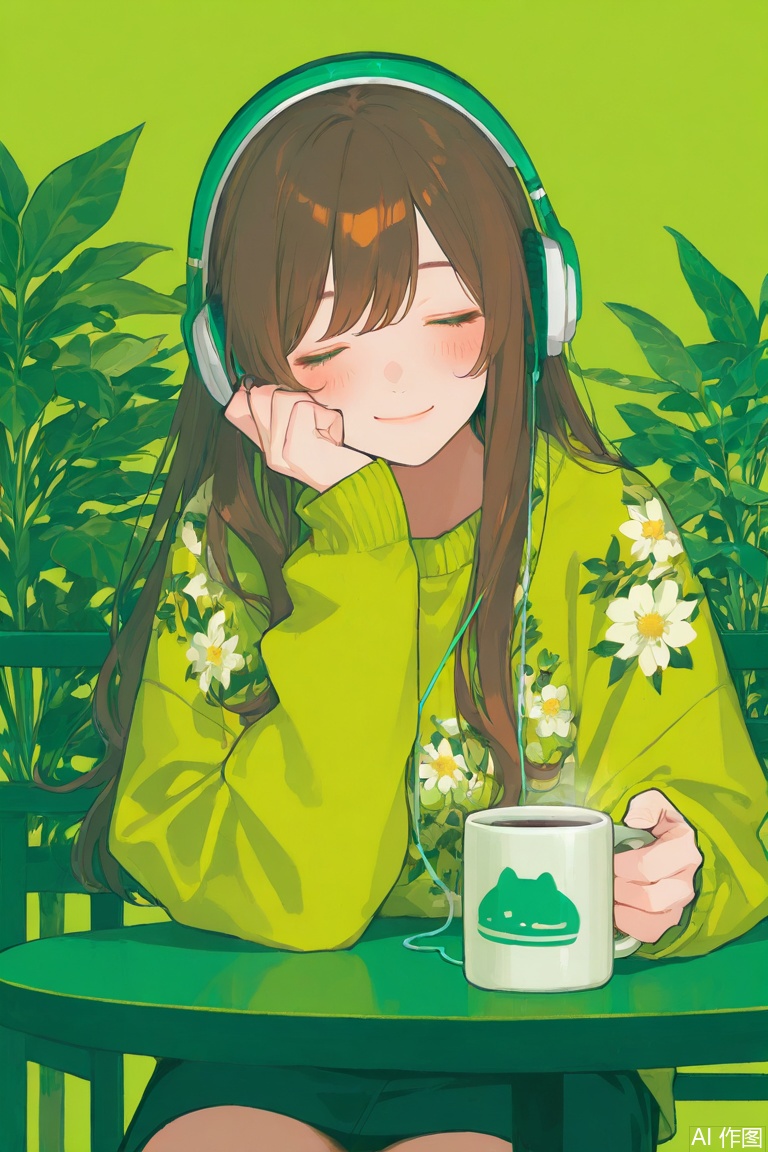 masterpiece, best quality, good quality, newest, highres, absurdres,1girl, solo, long hair, blush, smile, skirt, brown hair, long sleeves, holding, sitting, closed eyes, sweater, cup, headphones, floral print, table, plant, holding cup, facing viewer, hand on own face, green background, head rest, mug, listening to music, Flatline, Flat vector illustration,
klaus_style,      