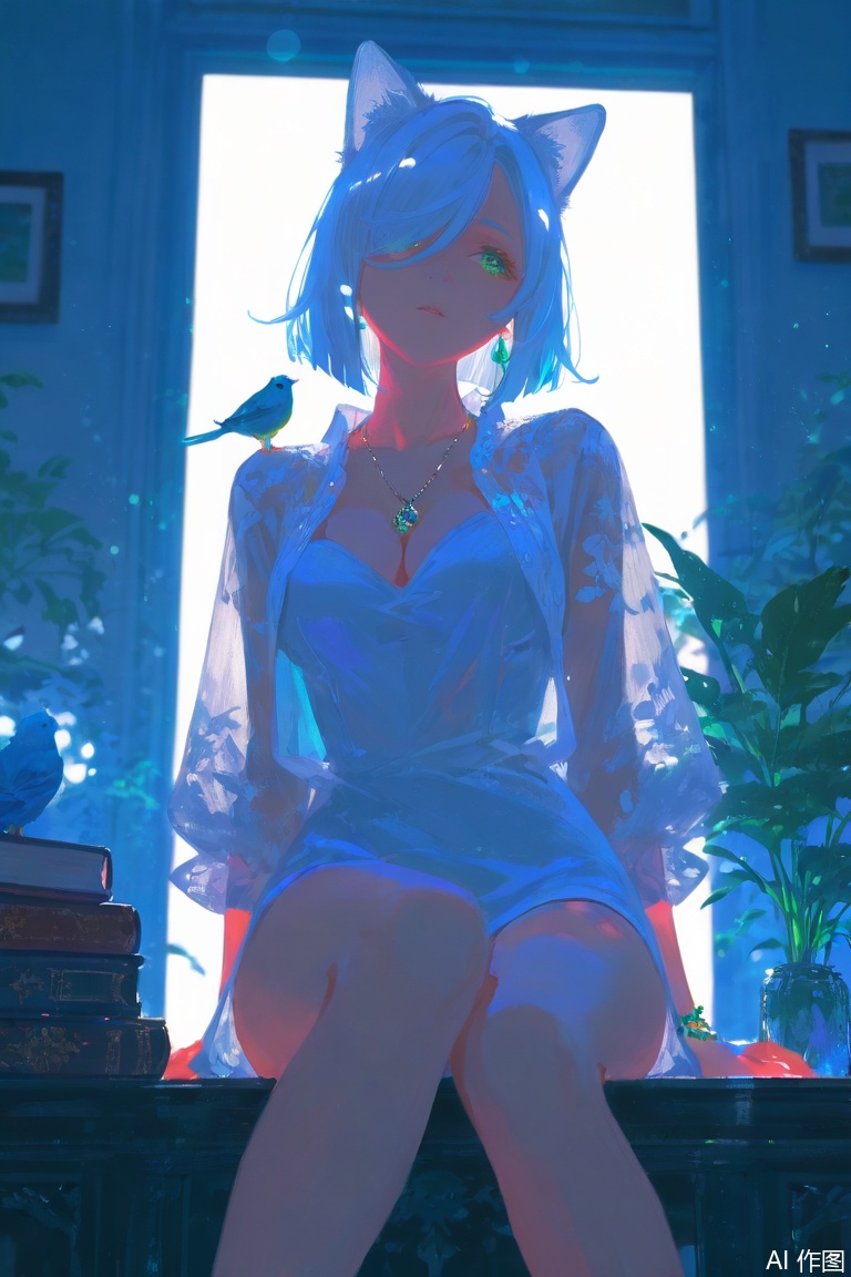 1girl, solo, breasts, short hair, bangs, shirt, long sleeves, animal ears, cleavage, jewelry, medium breasts, sitting, green eyes, white shirt, white hair, thighs, open clothes, alternate costume, indoors, cat ears, signature, necklace, bracelet, see-through, book, open shirt, bird, plant, shenhe \(genshin impact\) ,backlighting,blue and white theme,depth of field,cinematic lighting,light particles,lens flare, extreme aesthetic,(wlop:1.2),masterpiece,best quality,good quality,newest,very aesthetic,absurdres,A shot with tension, 32K UHD,sharp focus,best-quality,masterpiece,Emotionalization,temperate atmosphere,with a high-end texture,in the style of fashion photography, (Visual impact:1.2),impactful picture,offcial art,colorful,movie perspective, masterpiece