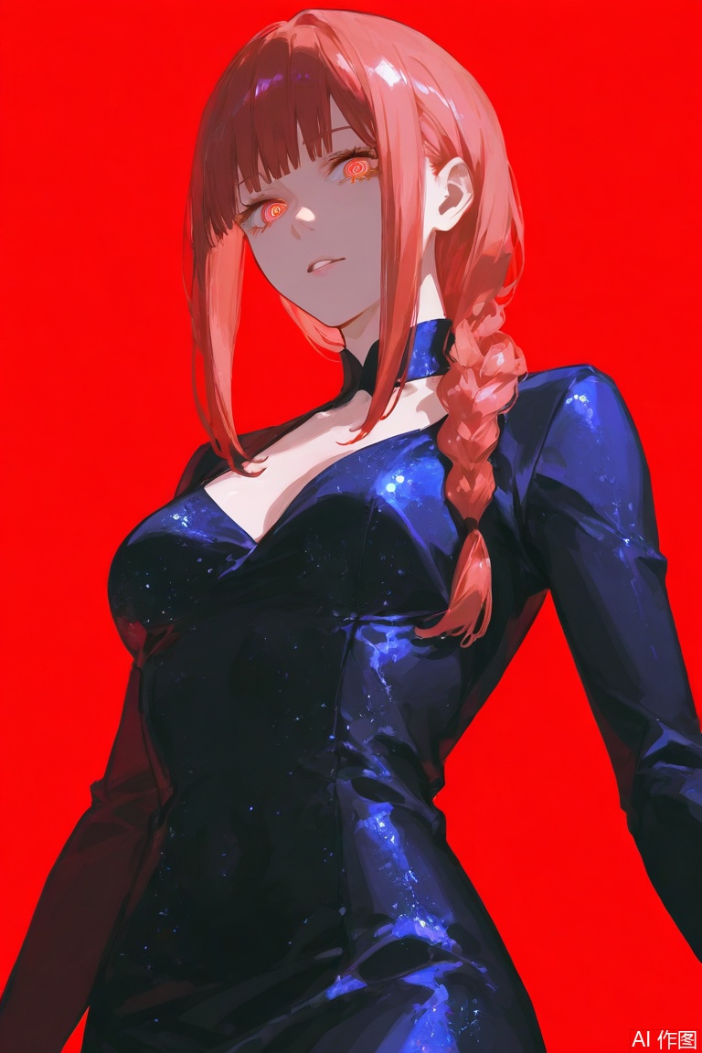 1girl,solo,looking at viewer, echo (circa), mbc dress, satin dress, makima_(chainsaw_man)