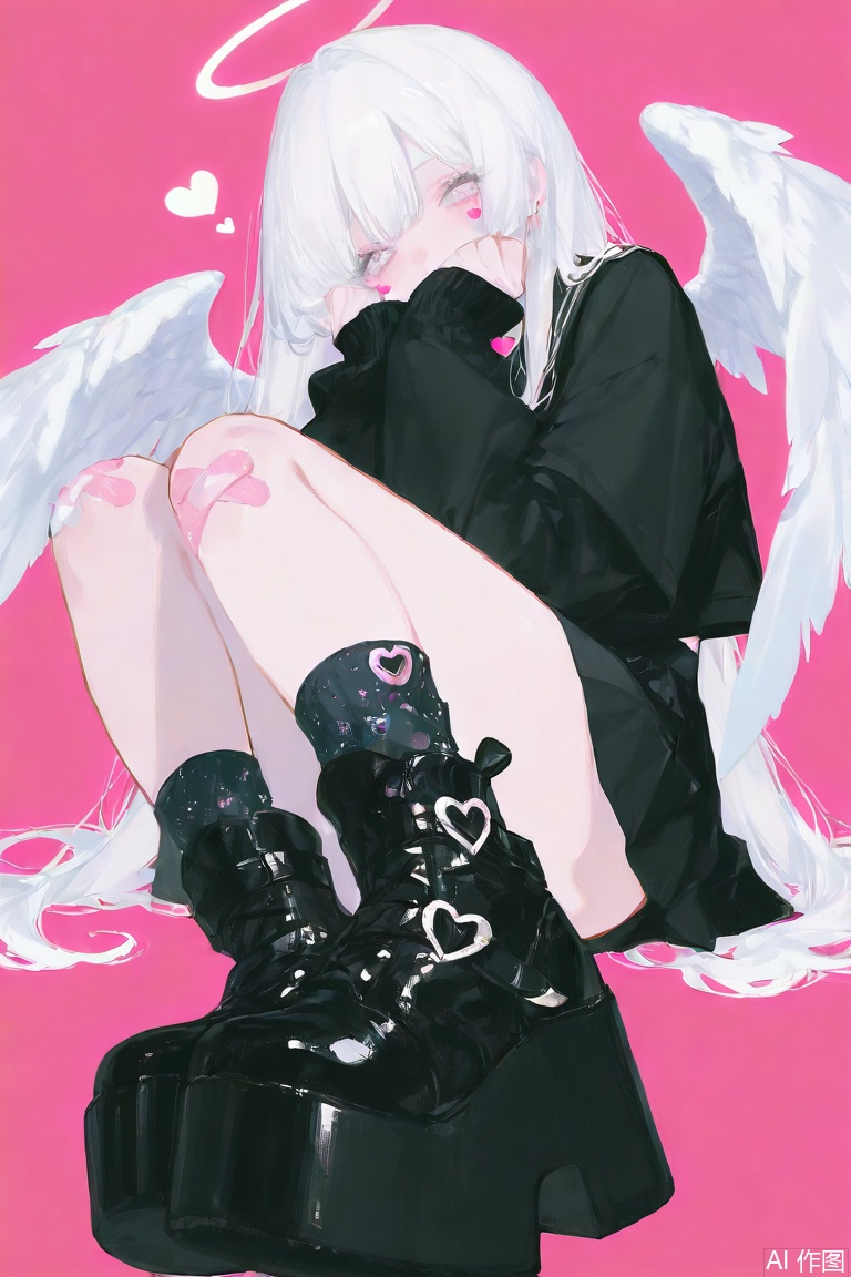 r17329_illu,masterpiece, newest,absurdres, incredibly absurdres,1girl, wings, heart, solo, long hair, skirt, socks, white hair, bandaid, black skirt, angel wings, bangs, looking at viewer, platform footwear, black footwear,foreshortening ,  