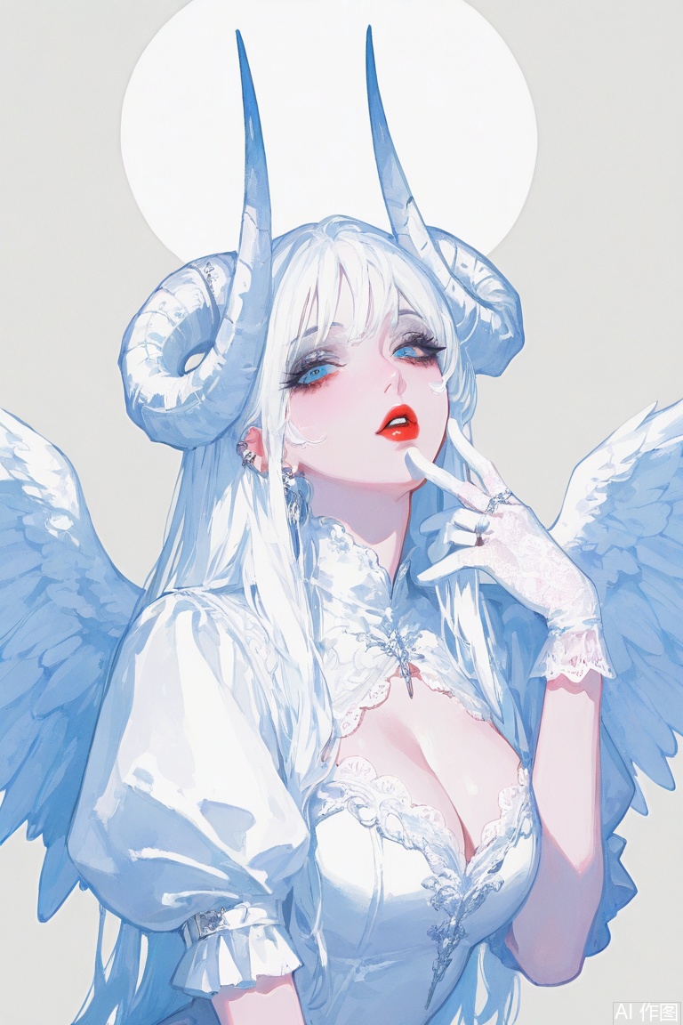 masterpiece, best quality, amazing quality, good quality, very awa, newest, highres, absurdres, 
1girl, solo, long hair, breasts, looking at viewer, blue eyes, simple background, large breasts, gloves, dress, cleavage, upper body, white hair, frills, parted lips, horns, wings, puffy sleeves, white gloves, grey background, white dress, eyelashes, lips, makeup, ring, lipstick, feathered wings, lace trim, eyeshadow, lace, angel wings, white wings, red lips, curled horns, multiple rings, white theme, lace gloves,xxx667_illu, painterly, impasto, brushstroke, impressionism, chiaroscuro, dgg, gothic, film grain, retro_artstyle, retro
    