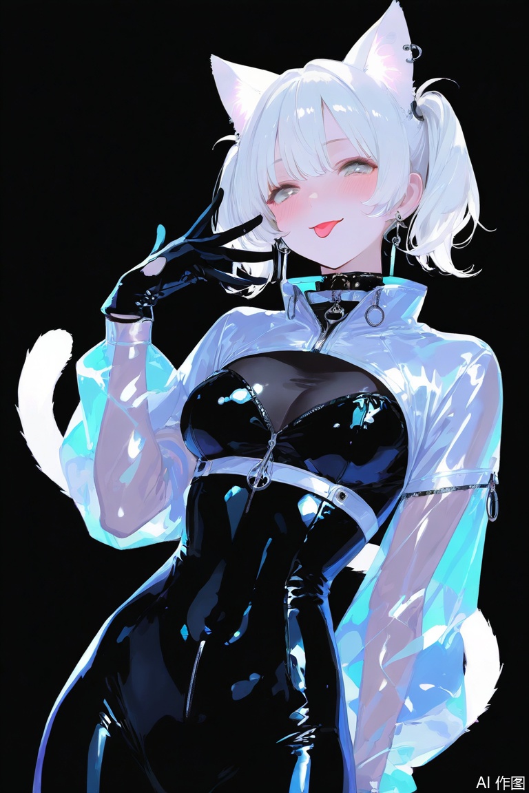 masterpiece, best quality, good quality, newest, highres, absurdres,
1girl, solo, breasts, looking at viewer, blush, smile, short hair, simple background, long sleeves, gloves, animal ears, jewelry, twintails, medium breasts, standing, tail, white hair, cowboy shot, earrings, black gloves, tongue, puffy sleeves, hand up, cat ears, tongue out, collar, grey eyes, cat tail, see-through, bodysuit, cat girl, black background, short twintails, skin tight, :p, zipper, shiny clothes, black bodysuit, shrug \(clothing\), zipper pull tab, see-through sleeves, latex, latex bodysuit, melanch0ly,xxx667_illu, glowing       