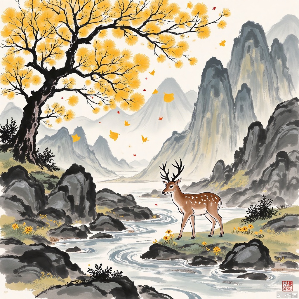 Traditional Chinese ink painting style,
In the poetic world of the country, a quiet valley comes into view. The gurgling stream winds through, with strange rocks standing beside the stream, and the moss covers the stones, showing the simplicity. Not far away, a century-old ginkgo with lush branches and leaves is golden and brilliant, with fan-shaped leaves rustling with the wind. Under the ginkgo tree, a sika deer is elegant in shape. It is covered with plum blossom spots, and its antlers are like branches. It is walking leisurely, sometimes lowering its head and smelling the fragrance of autumn chrysanthemums. The light ink around it dyes hazy mountains, like a fairyland, and the blending of ink and wash shows the beauty of autumn and the agility of living beings.