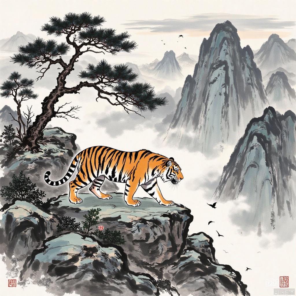 Traditional Chinese ink painting style,
On the top of the towering mountain surrounded by clouds and mist, rugged rocks scattered among them. A vigorous and ancient welcoming pine tree is rooted in the cracks of rocks, with pine branches stretching, and needles like jade. Next to it, a majestic tiger has a strong body, and its black and yellow fur is delicate. It is crawling with steady and powerful steps, with bright eyes, as if inspecting the territory. The background is a distant mountain with light ink, blending with the clouds and mist created by the white space, and occasionally birds pass by the mountains. The overall appearance is presented in the national style ink and water, and the thickness of the ink and the lightness of the brushstrokes show the majestic and agile beauty of this landscape and beast.