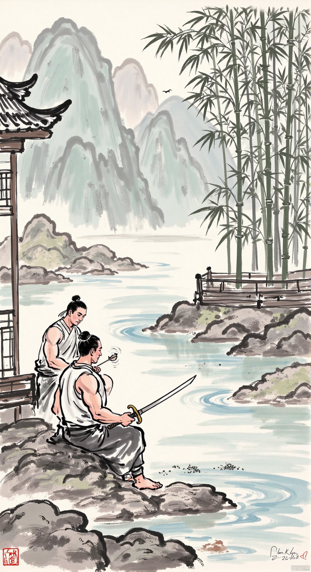 Traditional Chinese ink painting style images,ink and wash,Perfect male robust physique,1man,solo,short hair,male focus,sport,full body,big chest, ,A man sits in a pavilion at the foot of the mountain, practicing sword, and keeps working on the stream and bamboo forest