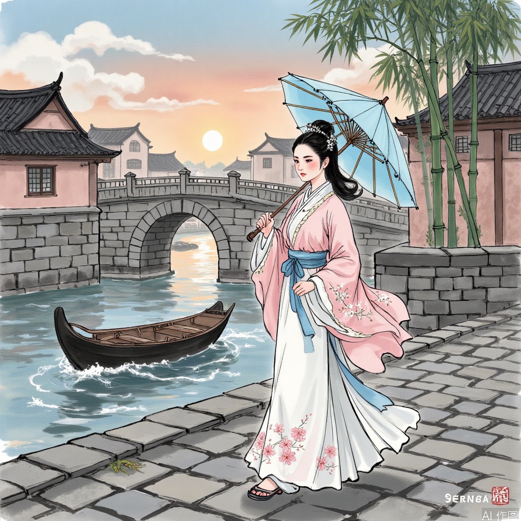 On the bluestone road in the water town of Jiangnan, a gentle and lovely ancient woman walked up gracefully. Her long hair, which was as soft as ink, drooped softly to her waist, was gently tied up with just a jade hairpin of mutton fat, and a few strands of hair fell playfully on her fair neck, like a lively pen mark on an ink painting.
 
The eyebrows are as dark as the distance, and when they are gently frowning, it seems to contain infinite sorrow, and it also reveals a bit of pity for weakness. The eyes were like a pool of autumn water, clear and bright, the eyes were deep brown, and the gentle charm of the mist and rain in the south of the Yangtze River was filled with the flow. The cheeks are as pink as peach blossoms in March, with a natural blush, as if they were gently kissed by the warm spring sun.
 
She was wearing a moon-white silk skirt, with fluttering sleeves, and the exquisite plum blossom patterns were embroidered with silver thread. Following her footsteps, the plum blossoms seemed to bloom in the wind, and the faint fragrance floated. A light blue ribbon was tied around her waist, which was shaped into a delicate bow, which further highlighted her slender waist that was not full of grip. She was wearing a light pink gauze cloak, and the gauze on the cloak danced with the wind, like a dream, as if she was covered with a thin cloud.
 
At this moment, she was standing by an ancient stone arch bridge. The river water was gurgling and the waves were sparkling. A black-sailed boat was passing by slowly, and the boatman at the bow hummed the melodious Jiangnan tune. On the other side of the bridge is a house with pink walls and black tiles. The smoke from cooking is rising and blends with the sunset in the sky. The woman held an oil-paper umbrella with a light blue color on the surface, and was painted with a few green bamboos. She raised her head slightly and looked at the sunset in the sky, like a beautiful ancient painting, revealing countless poetry and tenderness.,Traditional Chinese ink painting style