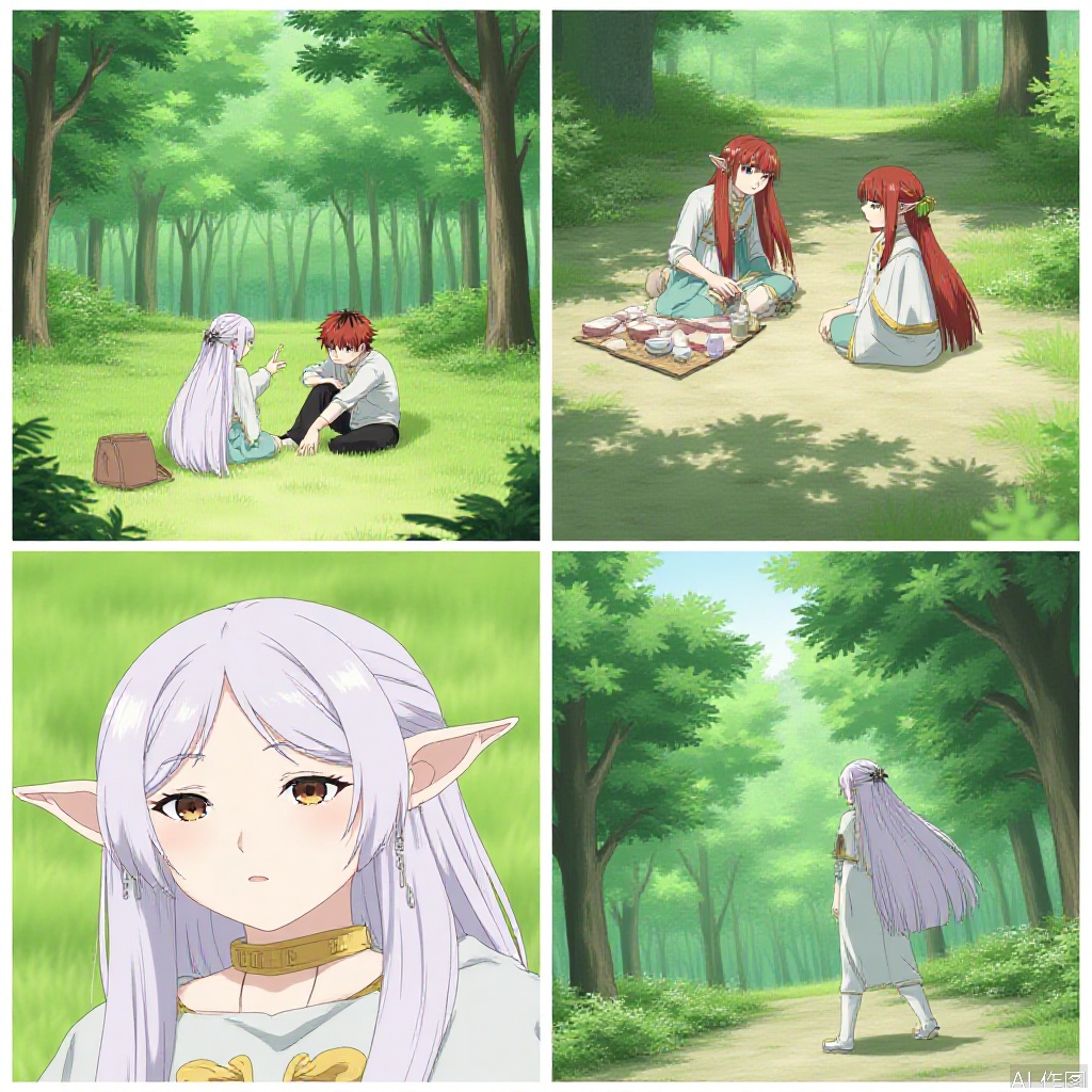 The image is a collage of four panels, each depicting a scene with characters in a forest setting. The characters are dressed in light, flowing garments, and have long hair. The first panel shows two characters sitting on the grass, one with long silver hair and the other with short red hair, both looking at a person standing in front of them. The second panel shows the same characters sitting on a picnic blanket, with one character pointing at a bottle of liquid and the other looking at the bottle. The third panel shows a close-up of a character with short red hair and a neutral expression, wearing a light-colored hoodie. The fourth panel shows a character with long silver hair and a gentle expression, standing on a path in the forest. The background features lush green trees and a serene forest setting.
