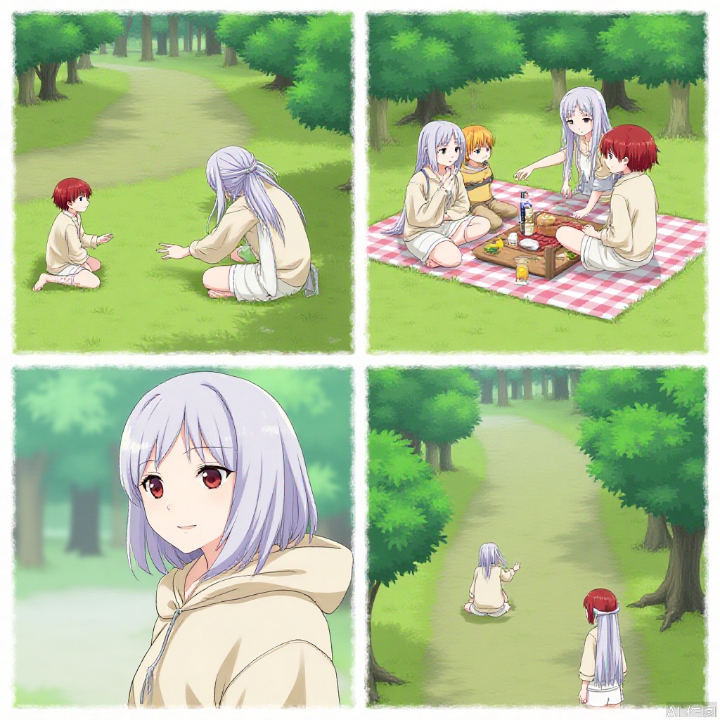 The image is a collage of four panels, each depicting a scene with characters in a forest setting. The characters are dressed in light, flowing garments, and have long hair. The first panel shows two characters sitting on the grass, one with long silver hair and the other with short red hair, both looking at a person standing in front of them. The second panel shows the same characters sitting on a picnic blanket, with one character pointing at a bottle of liquid and the other looking at the bottle. The third panel shows a close-up of a character with short red hair and a neutral expression, wearing a light-colored hoodie. The fourth panel shows a character with long silver hair and a gentle expression, standing on a path in the forest. The background features lush green trees and a serene forest setting.