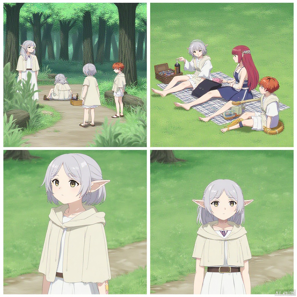 The image is a collage of four panels, each depicting a scene with characters in a forest setting. The characters are dressed in light, flowing garments, and have long hair. The first panel shows two characters sitting on the grass, one with long silver hair and the other with short red hair, both looking at a person standing in front of them. The second panel shows the same characters sitting on a picnic blanket, with one character pointing at a bottle of liquid and the other looking at the bottle. The third panel shows a close-up of a character with short red hair and a neutral expression, wearing a light-colored hoodie. The fourth panel shows a character with long silver hair and a gentle expression, standing on a path in the forest. The background features lush green trees and a serene forest setting.