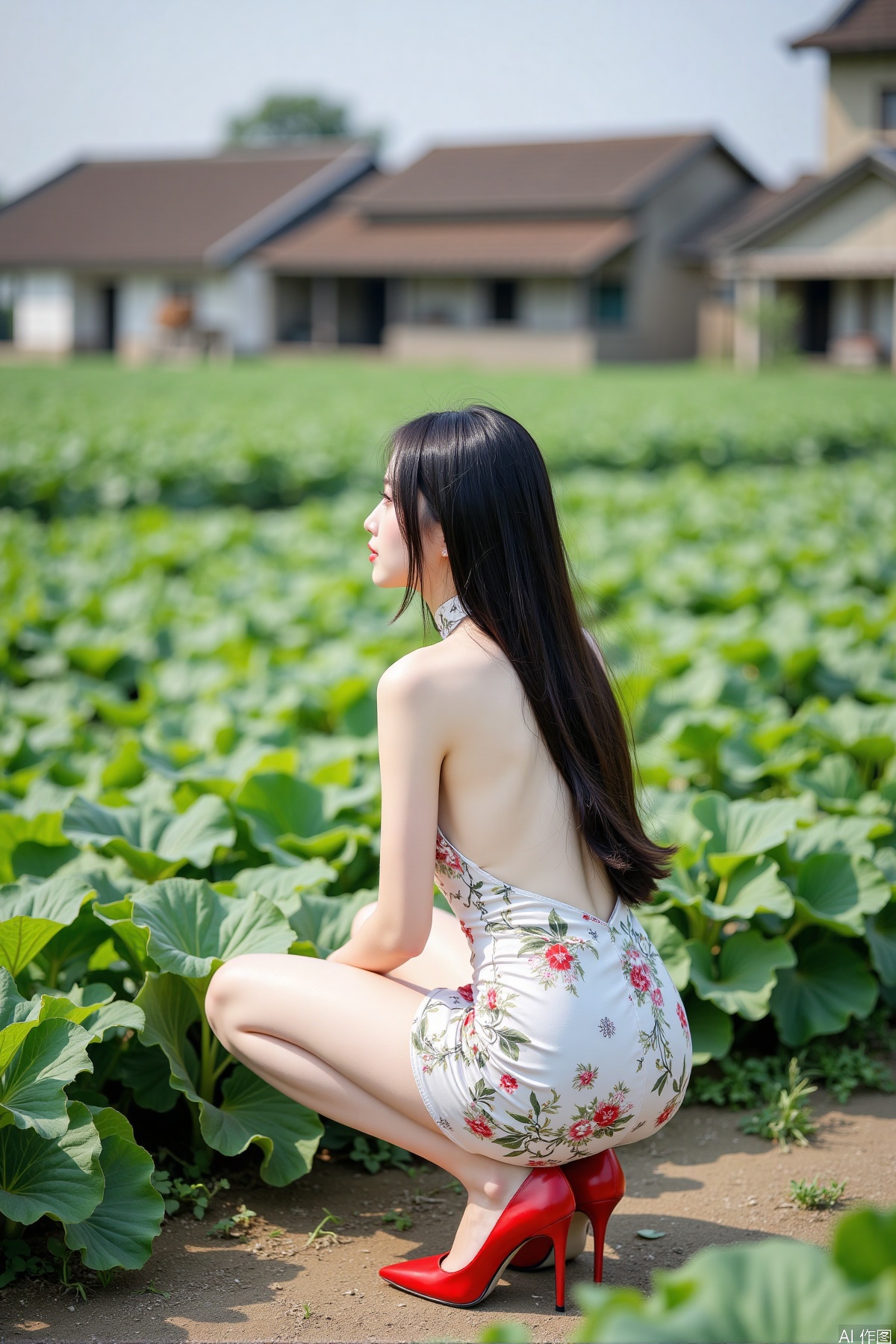 Realistic photo, one young woman, back view, long hair, fair skin, big breasts, backless cheongsam, long legs, red high heels, squatting, vegetable fields, rural areas, old houses,