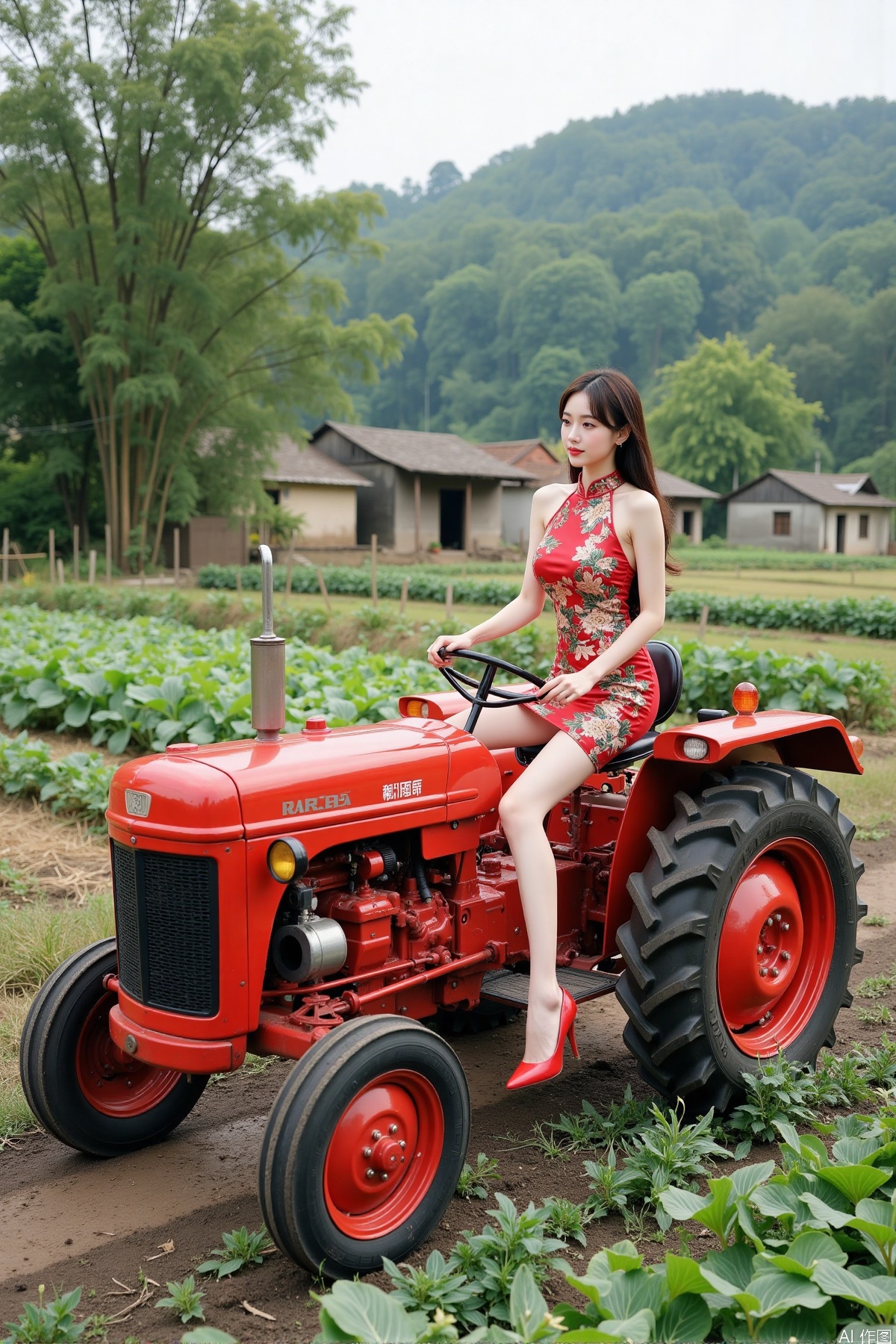 Realistic photo, one young woman, long hair, fair skin, big breasts, backless cheongsam, long legs, red high heels, full body, (driving tractor), fields, vegetable gardens, old houses, bamboo forests, countryside,