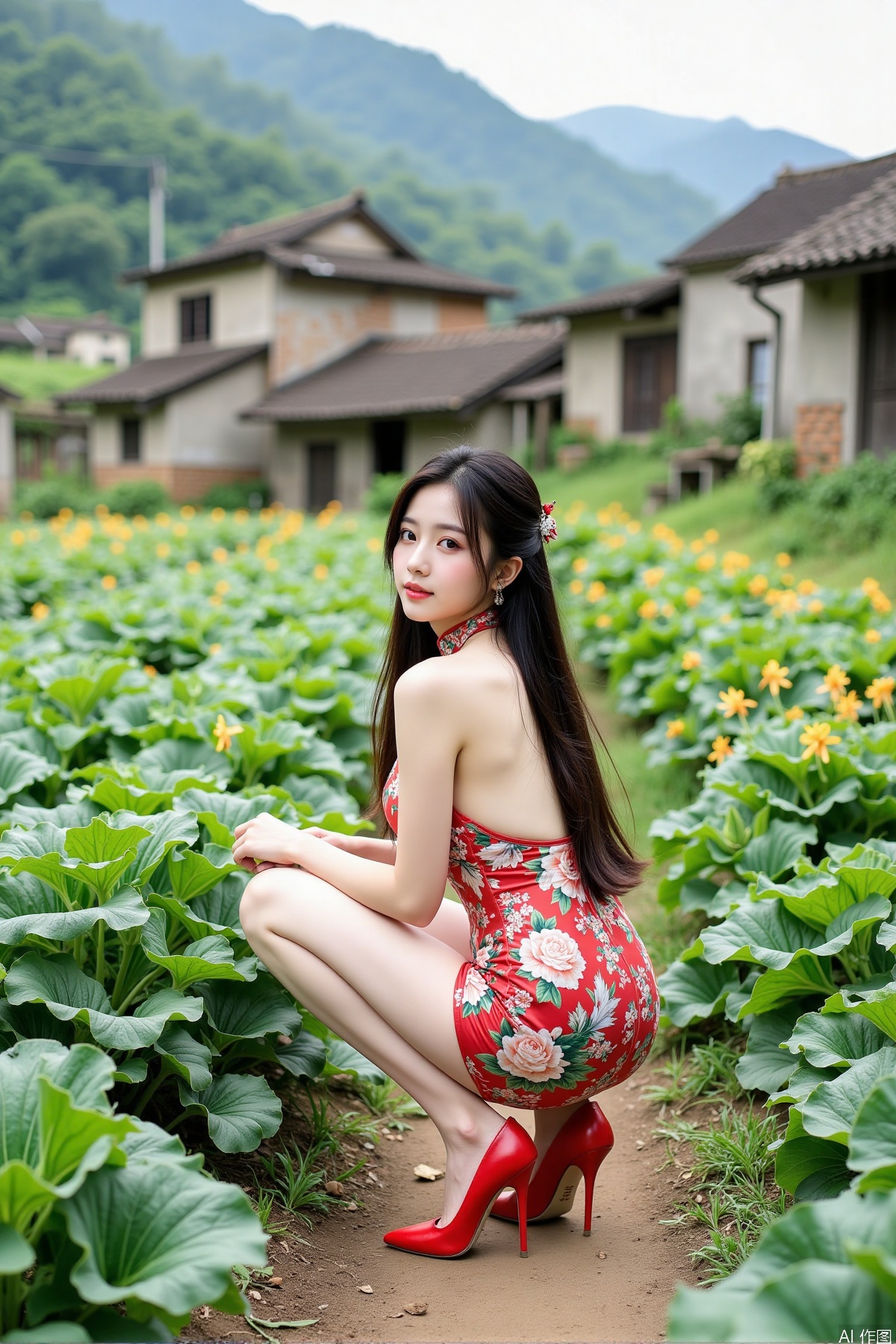 Realistic photo, one young woman, back view, long hair, fair skin, big breasts, backless cheongsam, long legs, red high heels, squatting, vegetable fields, rural areas, old houses,