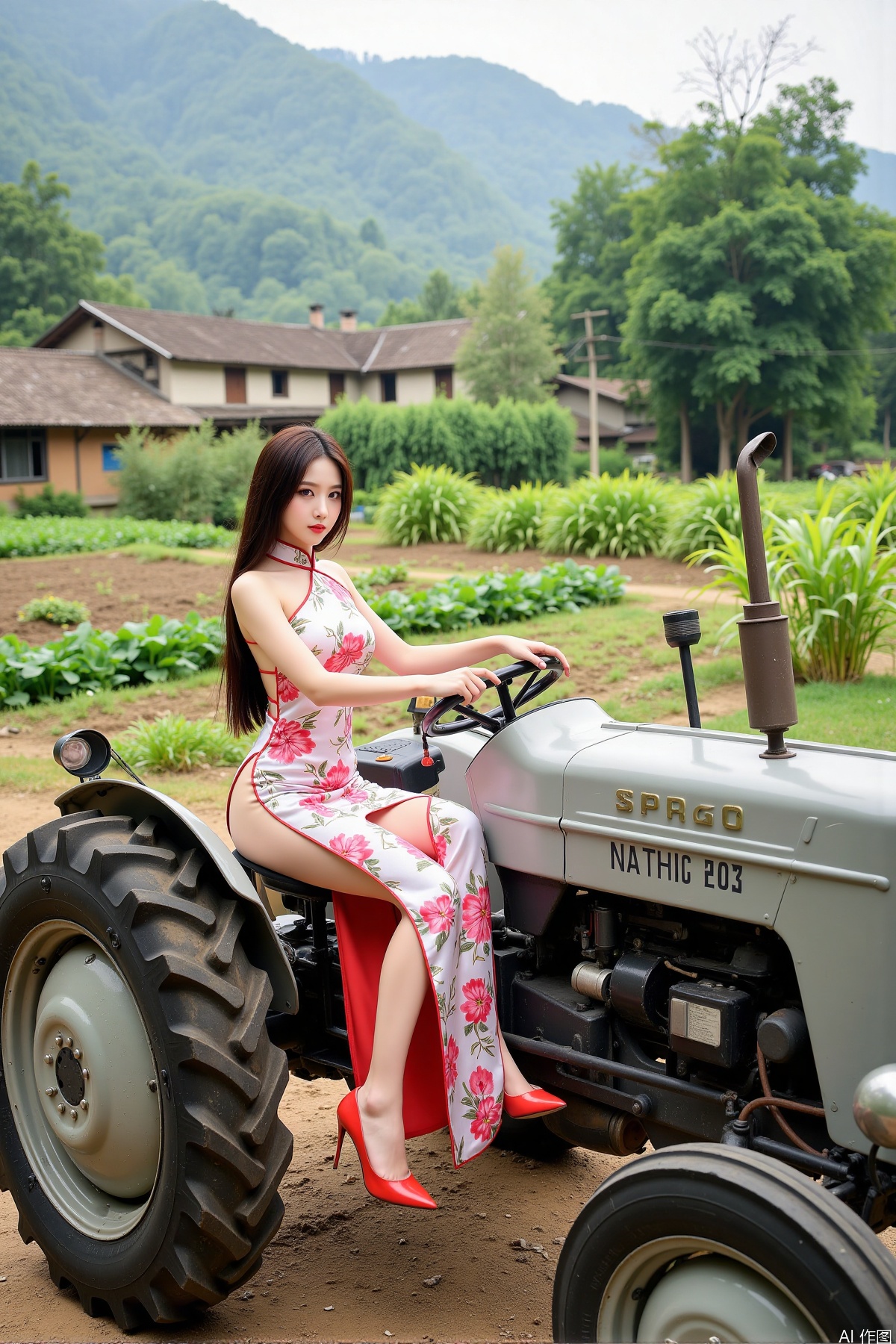 Realistic photo, one young woman, long hair, fair skin, big breasts, backless cheongsam, long legs, red high heels, full body, (driving tractor), fields, vegetable gardens, old houses, bamboo forests, countryside,