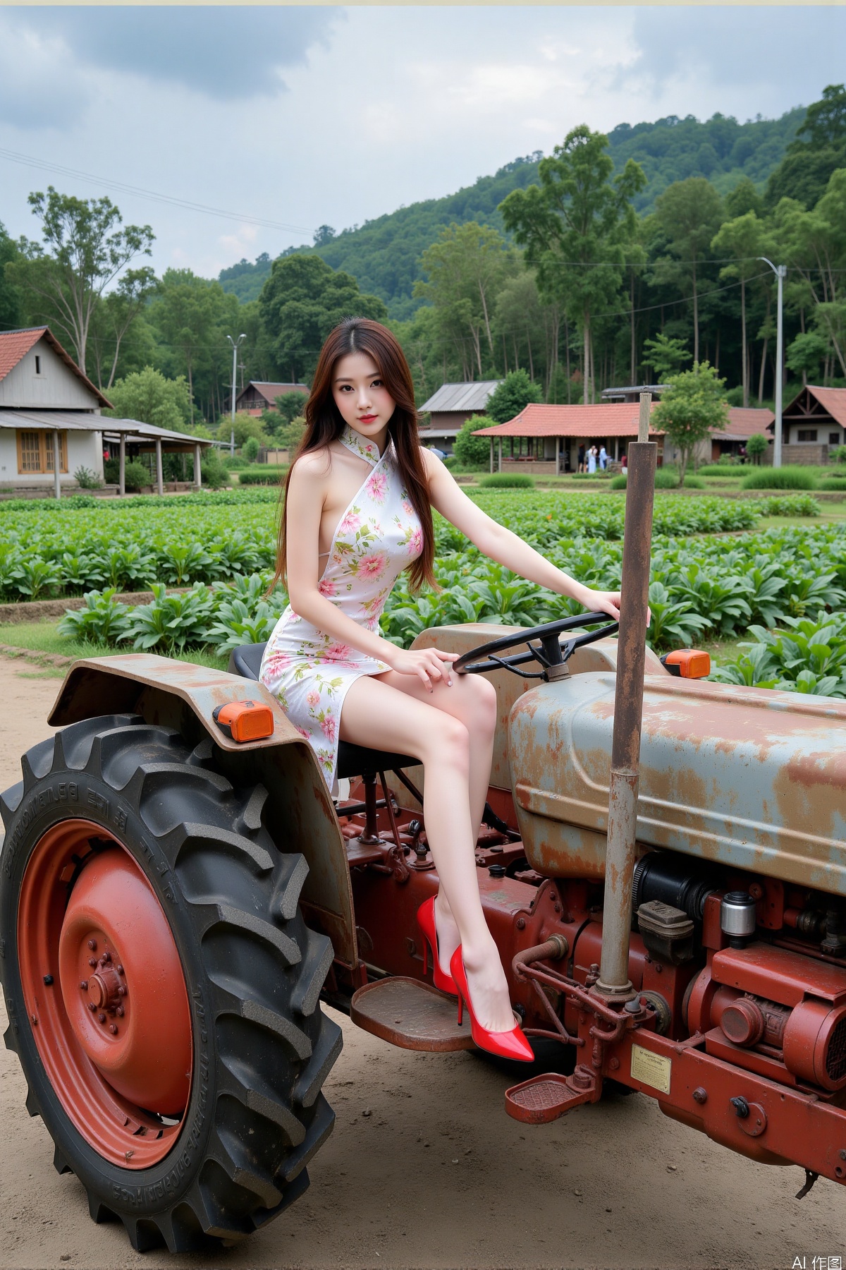 Realistic photo, one young woman, long hair, fair skin, big breasts, backless cheongsam, long legs, red high heels, full body, (driving tractor), fields, vegetable gardens, old houses, bamboo forests, countryside,