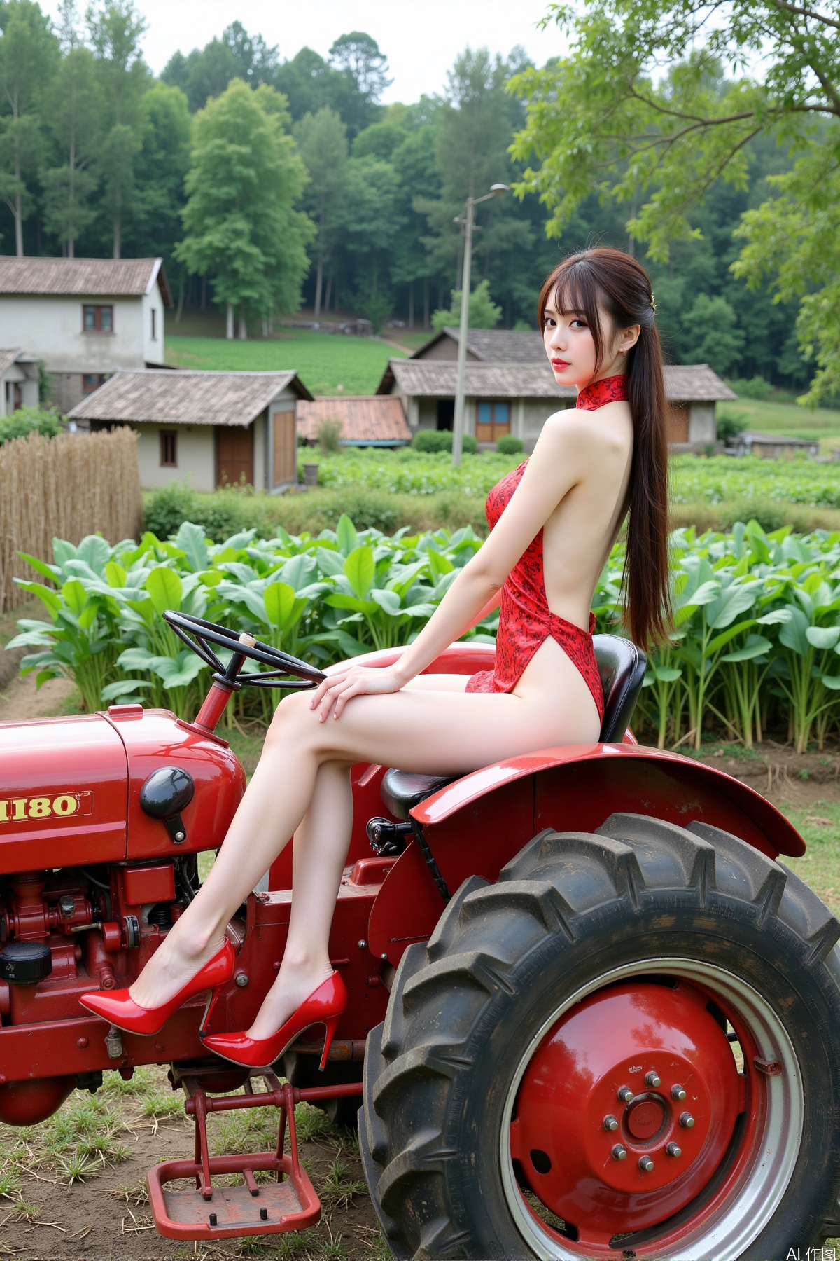 Realistic photo, one young woman, long hair, fair skin, big breasts, backless cheongsam, long legs, red high heels, full body, (driving tractor), fields, vegetable gardens, old houses, bamboo forests, countryside,
