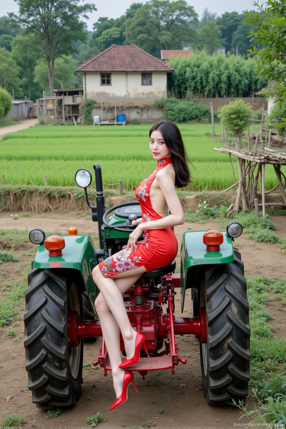 Realistic photo, one young woman, long hair, fair skin, big breasts, backless cheongsam, long legs, red high heels, full body, (driving tractor), fields, vegetable gardens, old houses, bamboo forests, countryside,