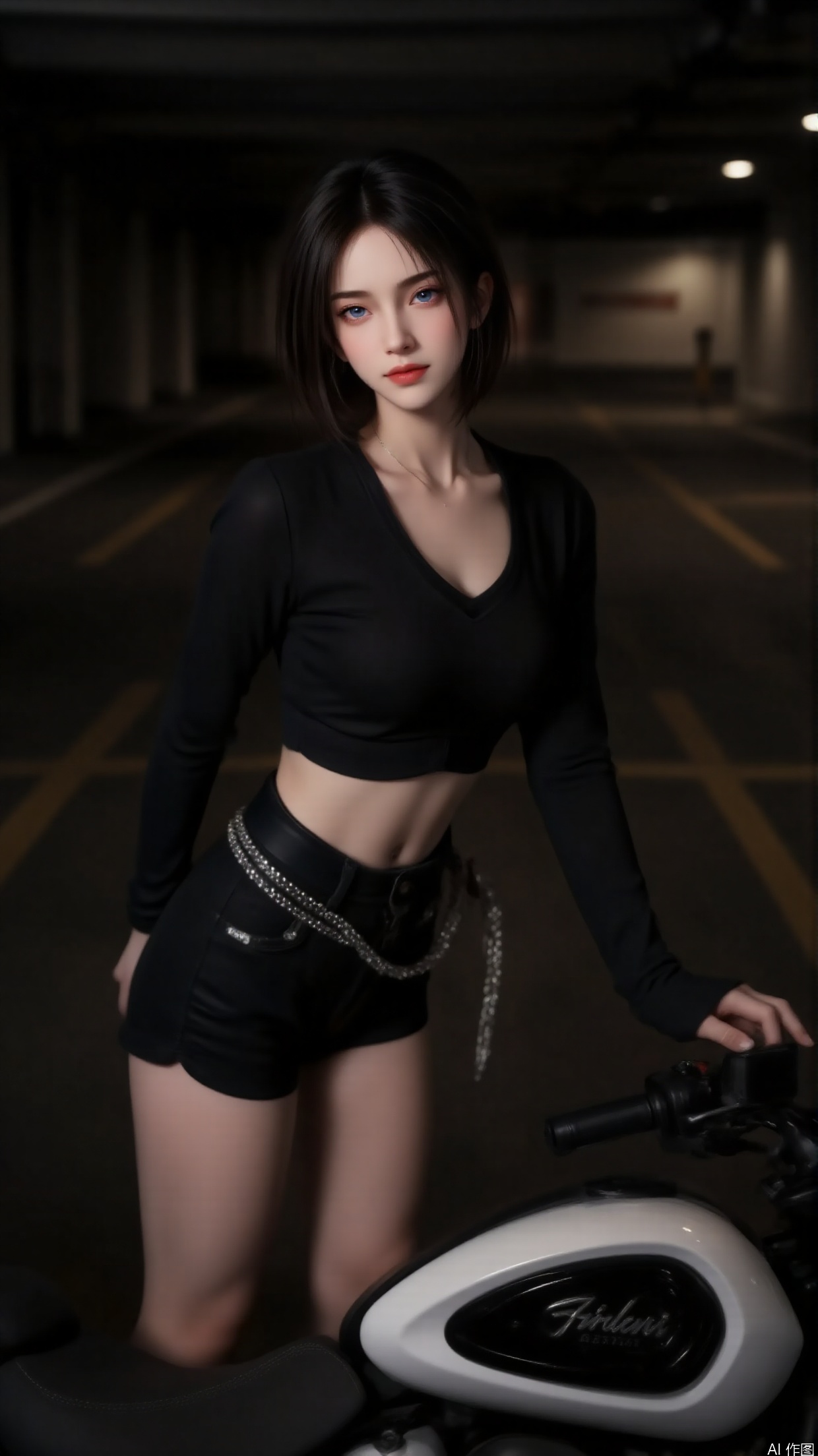 whole
The screen presents a fashionable and charismatic female image, with a cool and somewhat mysterious overall atmosphere.
composition
The character is located in the center of the picture, forming a visual focus and interacting with the motorcycle next to it. The composition is balanced and highlights the subject.
angle of view
Shooting from a head up angle gives people a direct and intimate visual experience, as if the viewer and the characters in the picture are in the same space.
hairstyle
Black and shiny shoulder length short hair naturally falls on both sides of the shoulders, simple yet elegant, highlighting the facial lines.
action
Slightly leaning forward with one hand on the motorcycle, the posture is casual and confident, showing a relaxed and energetic state.
clothing
The upper body is a black long sleeved short top, exposing the abdominal skin, adding sexiness and fashion sense; Paired with black shorts on the lower body, the short design highlights the slender leg lines.
Makeup
Exquisite makeup, deep and charming blue eyes, paired with bright red lips, highlighting the three-dimensional effect of the facial features, the overall makeup is cool and eye-catching.
match
The combination of top and shorts, with unified colors and a simple yet sophisticated style, highlights the wearer's body advantages.
decoration
Wearing a belt with a metal chain around the waist, the belt is adorned with sparkling rhinestones, adding a sense of luxury and fashion, becoming a highlight decoration of the overall look.
background
Set against the backdrop of an underground parking lot, dim lighting creates a mysterious and cool atmosphere that echoes the fashionable styling of the characters.