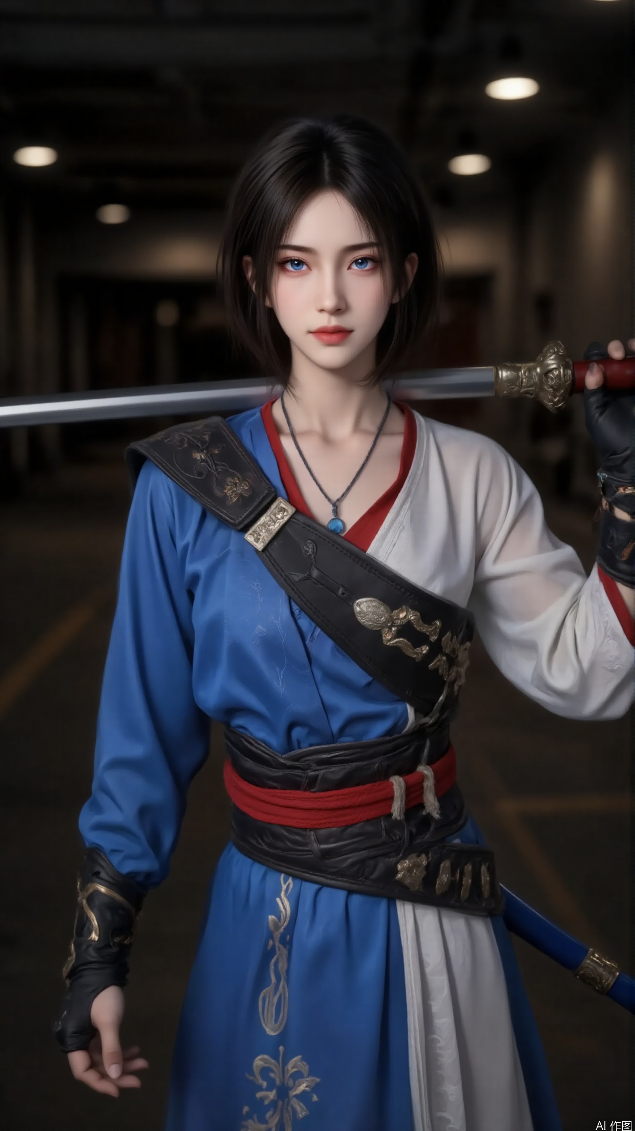 whole
The screen presents a character image full of martial arts temperament, with a distinct overall style that exudes a free spirited and unrestrained martial arts atmosphere, giving people a sense of heroic bravery.
composition
The character is located in the center of the picture, and the long sword in the hand becomes a visual guiding element that echoes the character's posture. The composition is compact and highlights the subject, fully showcasing the character's martial arts style.
angle of view
Adopting a frontal perspective allows viewers to clearly face the expressions and overall shapes of the characters, enhancing the visual impact and immersion of the image.
hairstyle
Black shoulder length short hair, with sharp and flowing strands, some of which naturally hang down in front of the forehead, adding a touch of casualness and elegance, in line with the martial arts style.
action
Carrying a long sword on his shoulder with one hand and holding it with the other, he exudes a confident and domineering posture, displaying the boldness and composure of a martial arts hero, as if ready to face challenges at any time.
clothing
Wearing ancient costumes in blue, white, and red colors, with blue as the main color tone and red decorative lines. The top has black leather accessories on the shoulders and waist, and the overall clothing style combines traditional martial arts style with a unique design sense, highlighting the heroic spirit of the characters.
Makeup
Exquisite makeup, deep and stern blue eyes, sharp eyebrows, natural lip color, highlighting the three-dimensional sense of facial features while also enhancing the character's cold temperament.
match
The clothing color matching is vivid, with leather accessories and fabric materials complementing each other. Gloves, belts and other accessories are consistent with the overall clothing style, enhancing the coordination and integrity of the overall design.
decoration
The waist is adorned with a metal belt, and the sword body is also decorated with exquisite patterns. There is also a blue pendant around the neck, which adds a sense of delicacy and martial arts charm to the overall design.
background
The background is relatively blurry, with some indoor lighting and structures faintly visible. The dark toned background highlights the main character, making it the visual focus of the picture.
Image quality
The picture quality is clear, with delicate and realistic textures of the characters' clothing, details of accessories, and texture of the skin. The color reproduction is high, and the light and shadow processing is appropriate, presenting high-quality visual effects.
