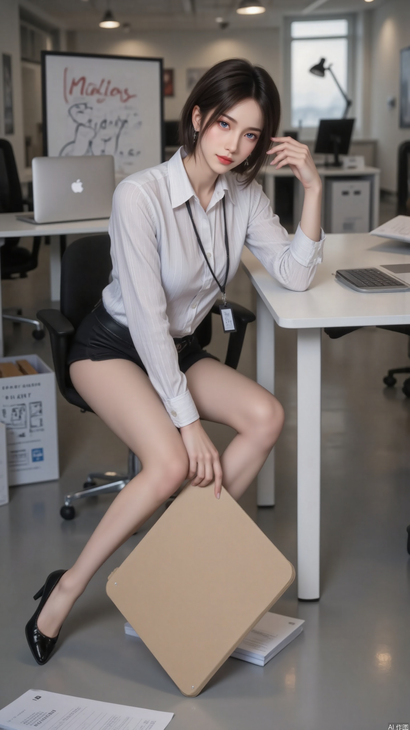 -Overall: A female image in the workplace, displaying a capable yet slightly casual temperament, with a sense of fashion and atmosphere in the picture.
-Composition: The character is located in the center of the picture, sitting diagonally to create a dynamic composition that increases the tension of the image.
-Perspective: Shoot from a head up angle to create a friendly and authentic visual experience, allowing viewers to naturally immerse themselves in the scene.
-Action: Lightly touch the folder on the ground with one hand, place the other hand on the table, fold your legs together, and relax your posture without losing elegance, revealing a casual sensuality. bend.
-Clothing: Wearing a simple white vertical striped shirt on the upper body, with rolled up cuffs to show casualness; Wear a black short skirt on the lower body, reaching the middle of the thigh to highlight the leg lines; Paired with black pointed high heels, it enhances the mature charm of working women.
-Makeup: Clear base makeup, creating natural and flawless skin; Deep and bright blue eyes, paired with naturally curved eyebrows; The lip color is a moderately saturated red, highlighting a sharp and delicate image. Black shoulder length short hair.
-Matching: A simple black hanging rope paired with a work badge serves as a workplace element embellishment, echoing the overall style of professional attire.
-Decoration: Wear small and delicate earrings to add subtle details and beauty, without overshadowing others.
-Background: A modern office environment with desks, laptops, and office files creates a realistic and rich working atmosphere. Filled with natural light. Bright.
