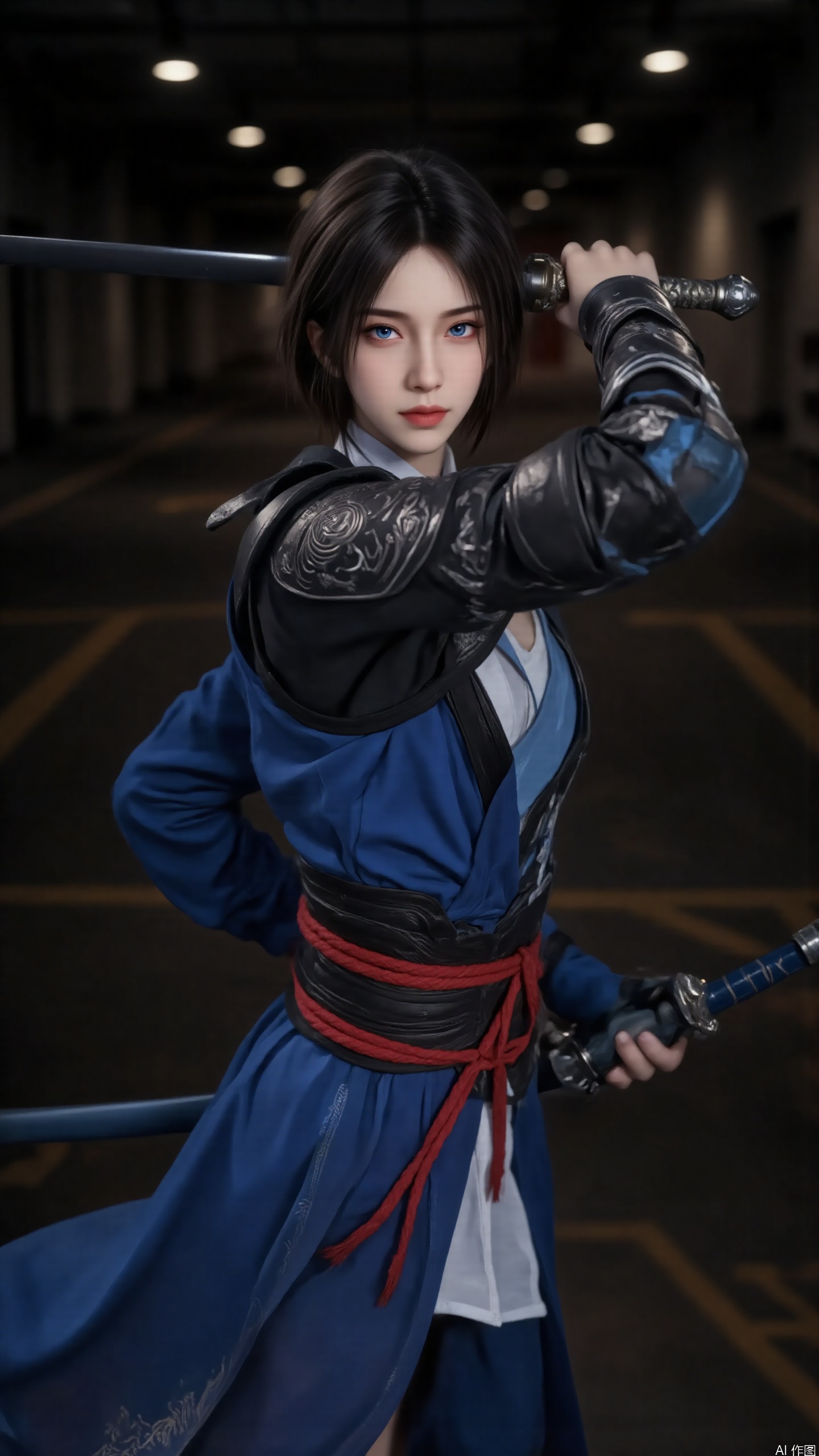 Overall
 
The picture depicts a person with a strong martial - arts - style demeanor. With a vigorous posture and full of heroism, the overall image is dynamic and powerful.
 
Composition
 
The character occupies the main part of the picture. It uses a combination of close - up and half - body composition, focusing on highlighting the upper body and action details of the character, guiding the viewer's attention to the main subject.
 
Perspective
 
A near - view upward - looking perspective is adopted, shooting from the bottom up, making the character appear taller and more upright, enhancing the character's imposing manner and sense of dignity.
 
Hairstyle
 
Short black hair with a natural disheveled look, as if the strands are fluttering in the wind caused by the movement, adding a bit of agility and unruly charm.
 
Action
 
The character assumes a combat stance with a sword. The body is slightly twisted, and the arm is bent to hold the sword in front of the body, showing a poised and ready - to - strike state. The movement is smooth and full of tension.
 
Clothing
 
Wearing a set of martial - arts - style clothing in blue, black, and red colors. The blue upper garment is paired with black armor and decorations, and a red rope belt is tied around the waist. The lower garment is in the form of a blue skirt. The overall clothing not only reflects the characteristics of traditional martial - arts costumes but also incorporates modern design elements, highlighting the character's neatness and capability.
 
Makeup
 
The makeup is exquisite. The blue eyes are particularly eye - catching. The eyebrow shape is sharp, highlighting heroism, and the lip color is natural, coordinating with the overall image and emphasizing the character's coldness and determination.
 
Matching
 
The main accessory is a long sword. The sword body is slender, and the hilt design is simple yet refined, complementing the character's overall look and strengthening the martial - arts identity.
 
Decoration
 
The arm armor is decorated with exquisite patterns, and the waist is equipped with metallic accessories. The attention to detail showcases craftsmanship, enriching the overall look and enhancing the visual hierarchy.
 
Background
 
The background is a blurred indoor scene. Dim lights and some indistinct outlines are faintly visible. It is treated in dark tones to highlight the main character, creating a mysterious and atmospheric environment.
 
Image Quality
 
The picture is clear and sharp. The character's hair strands, clothing texture, weapon details, and skin texture are all exquisitely and realistically presented. The color saturation and contrast are moderate, and the light and shadow effects are natural, resulting in an excellent visual experience.