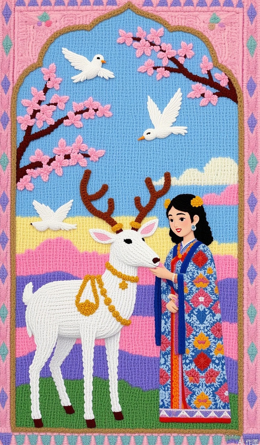 The image depicts a serene and ethereal scene with a woman in traditional attire, adorned with intricate patterns and jewelry, standing beside a majestic white deer. The deer is decorated with golden ornaments, and the woman appears to be gently touching its head. The background showcases a beautiful sky with soft pastel colors, suggesting either dawn or dusk, and is filled with cherry blossoms in full bloom, creating a sense of tranquility and harmony. A few white birds are flying gracefully, enhancing the peaceful atmosphere. The overall composition is harmonious, blending natural elements with cultural aesthetics.,knitting