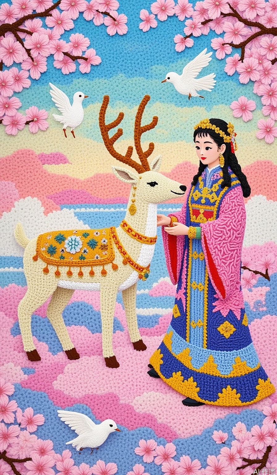 The image depicts a serene and ethereal scene with a woman in traditional attire, adorned with intricate patterns and jewelry, standing beside a majestic white deer. The deer is decorated with golden ornaments, and the woman appears to be gently touching its head. The background showcases a beautiful sky with soft pastel colors, suggesting either dawn or dusk, and is filled with cherry blossoms in full bloom, creating a sense of tranquility and harmony. A few white birds are flying gracefully, enhancing the peaceful atmosphere. The overall composition is harmonious, blending natural elements with cultural aesthetics.,knitting