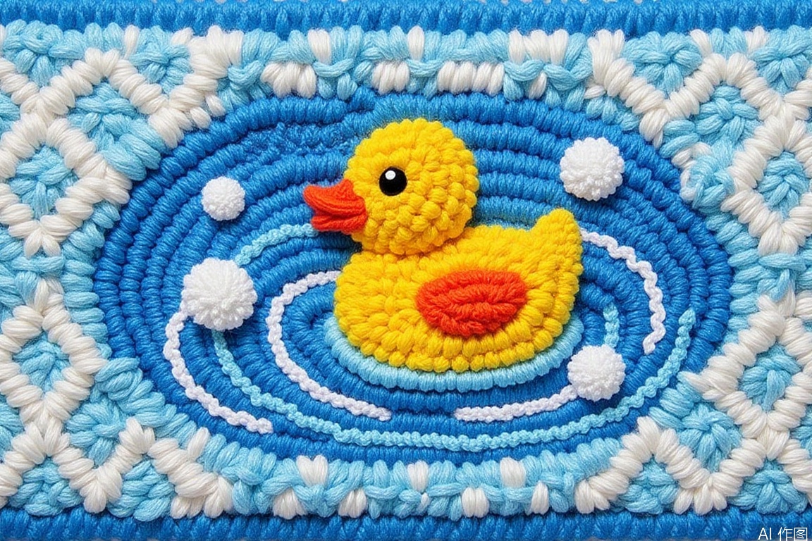 latch hook rug motif of  A playful yellow rubber duck floating in a "bubble bath" of white and blue circles.,knitting,labihua