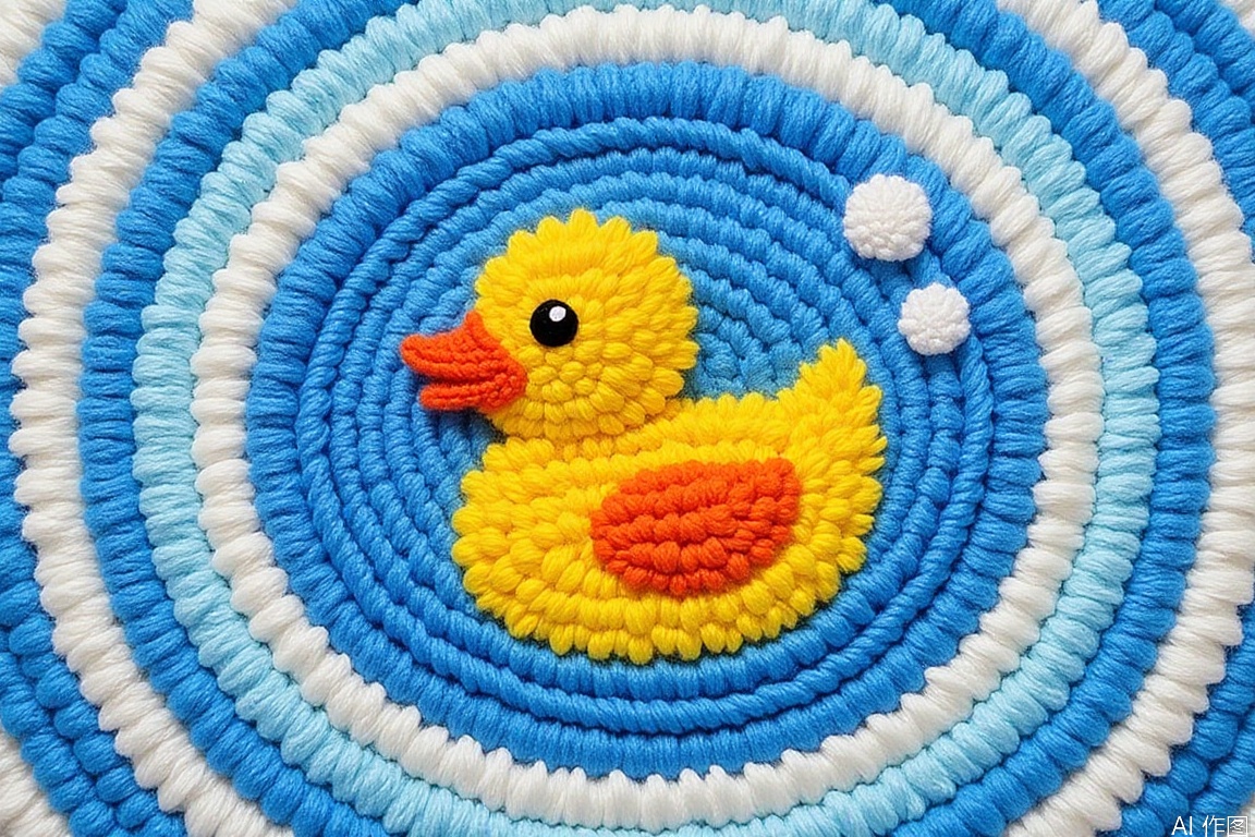 latch hook rug motif of  A playful yellow rubber duck floating in a "bubble bath" of white and blue circles.,knitting,labihua