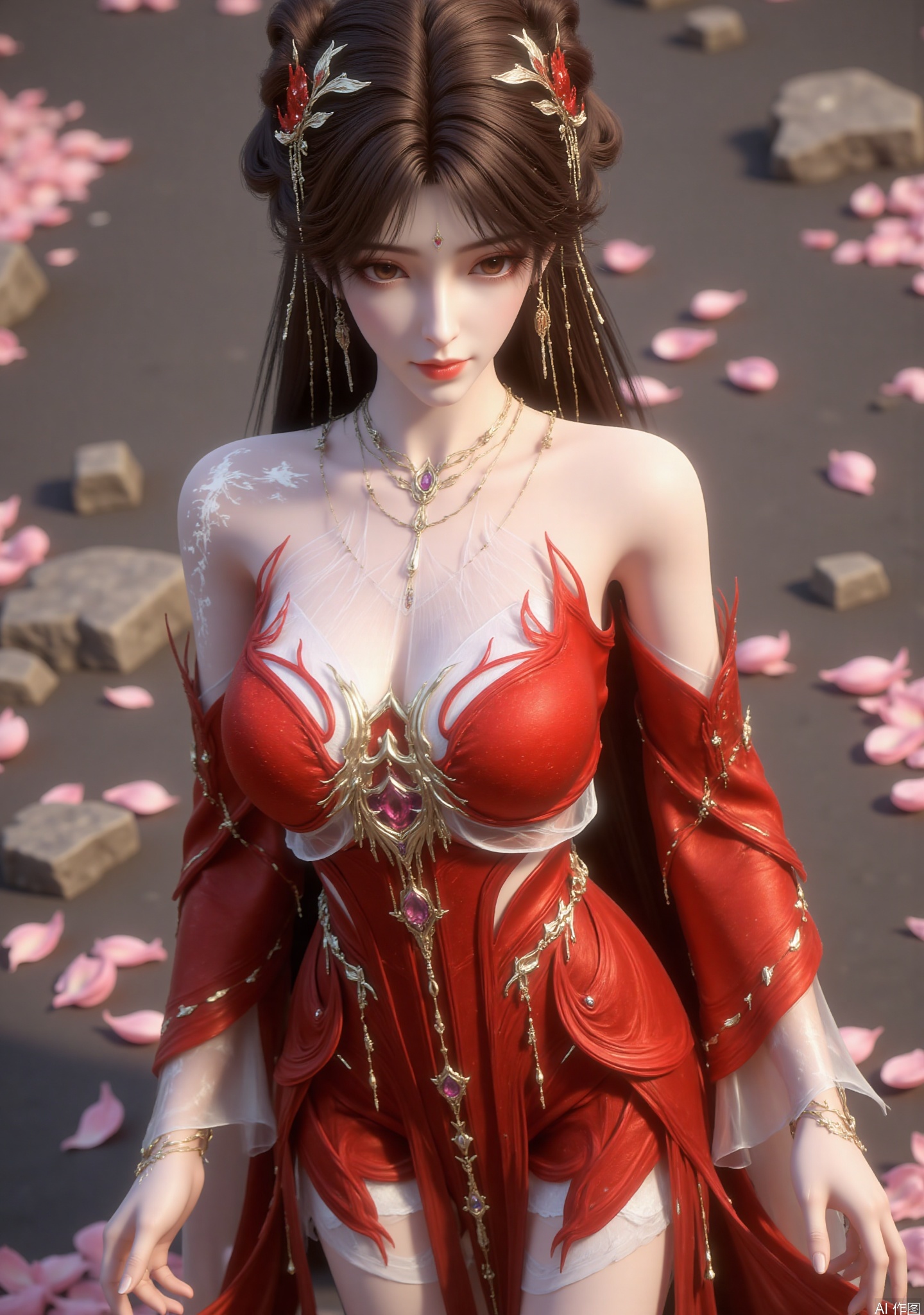 The image depicts a beautifully rendered anime-style character standing outdoors. The character is dressed in an elaborate red and gold outfit with intricate designs, including floral patterns and a central gemstone. She is adorned with delicate jewelry, including a necklace and earrings, and her hair is styled in an elegant manner with golden accents. The background consists of a natural setting with scattered pink petals and rocks, suggesting a serene and possibly magical atmosphere. The lighting is soft, creating a warm and inviting feel.