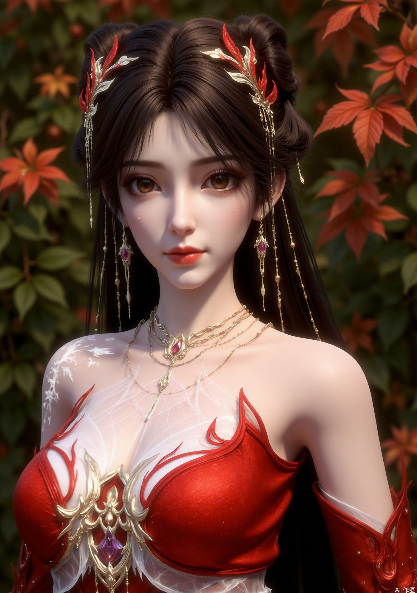 The image depicts a beautifully rendered character with long, dark hair styled in an elegant updo, adorned with intricate red and gold accessories. The character is dressed in a striking red garment that features delicate, flame-like patterns. The background consists of lush greenery with vibrant red and orange leaves, suggesting a natural, autumnal setting. The overall scene exudes a sense of fantasy and elegance, with the character appearing poised and graceful.