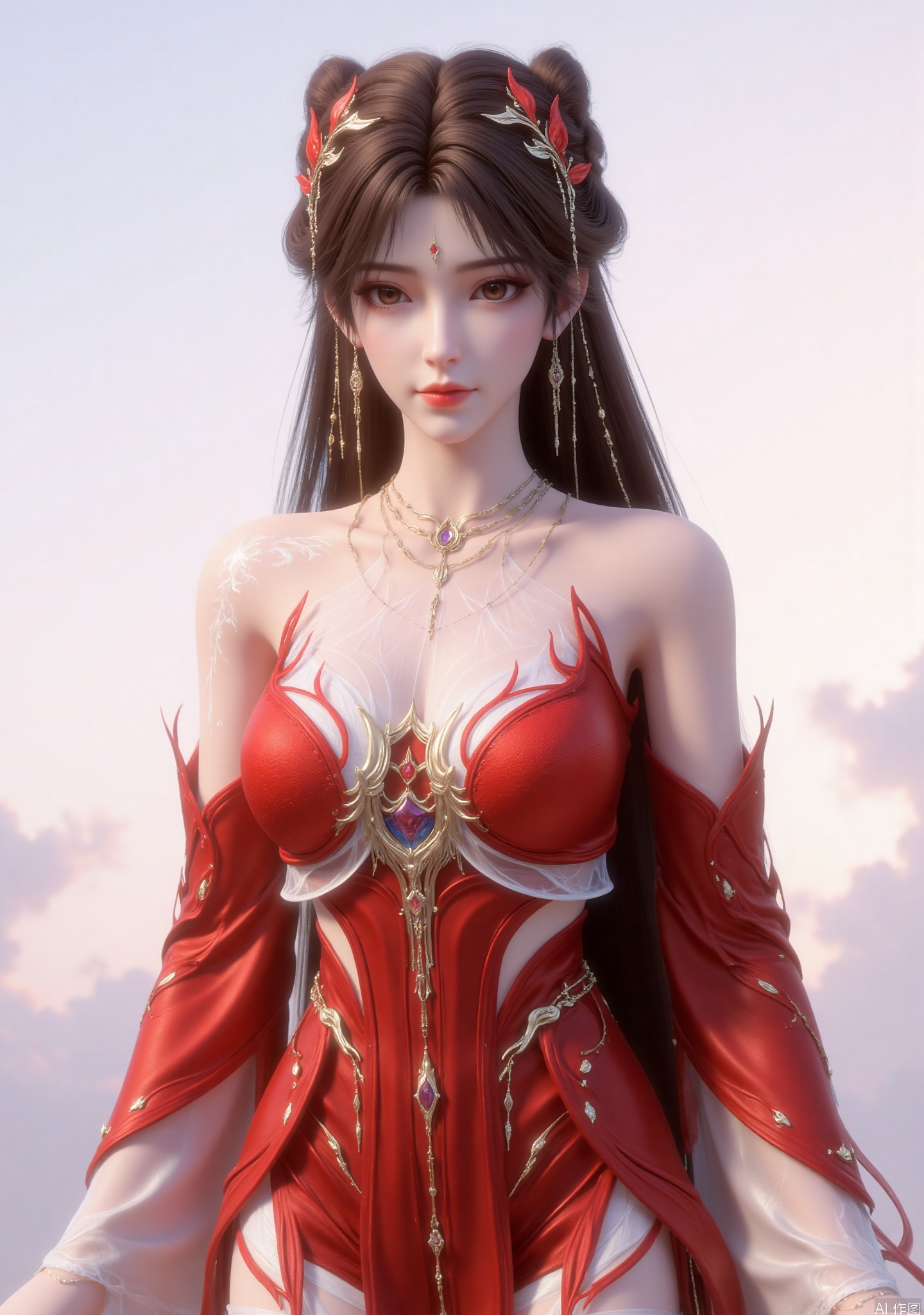 The image depicts a character with long brown hair styled in an elegant braid, adorned with red and gold accessories. The character is wearing a red and white outfit with intricate designs, including a prominent golden emblem on the chest. The background is a soft, cloudy sky, giving a serene and ethereal atmosphere to the scene.