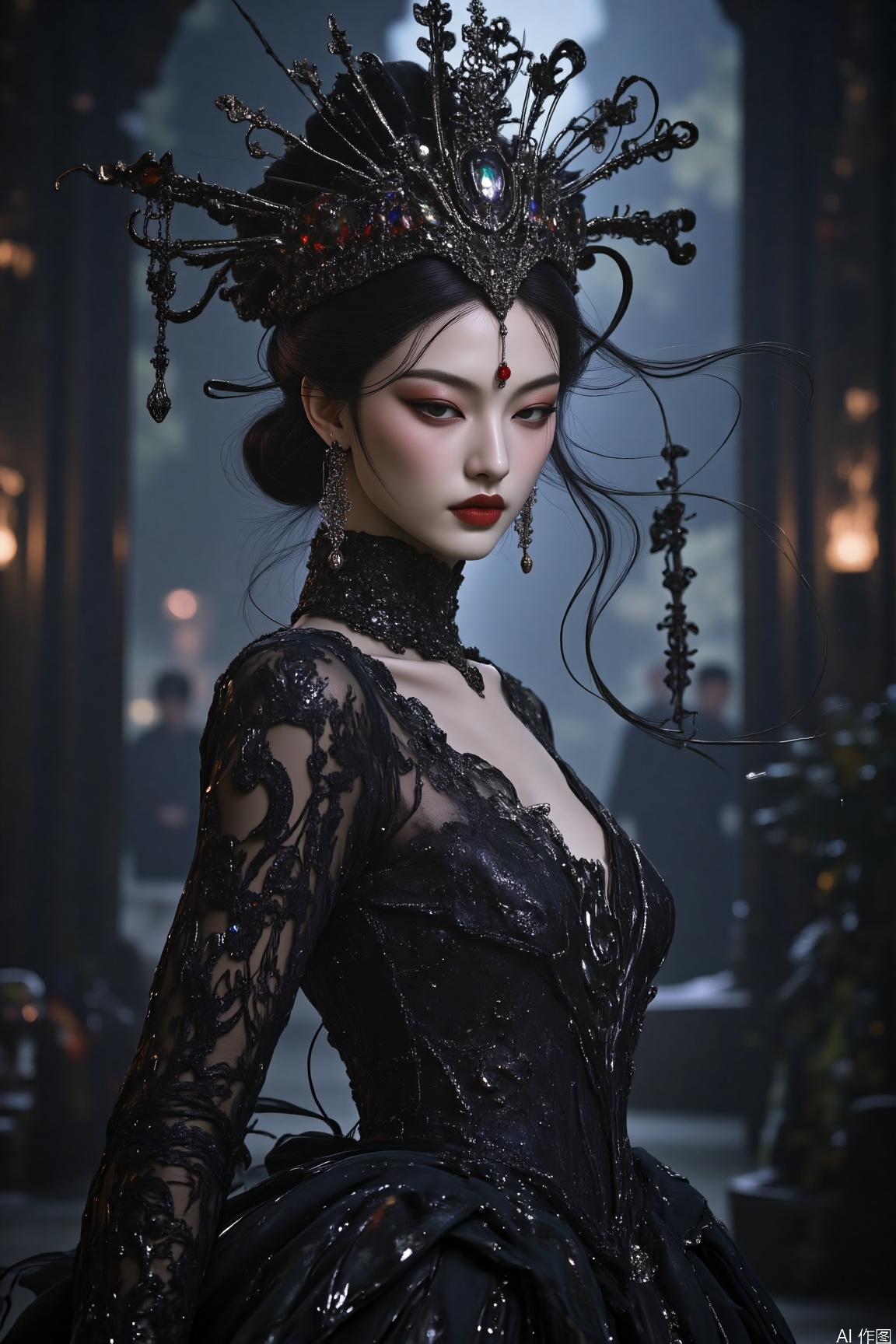 plns,A woman in gothic dress,black dress,upper body,solo,makeup,blurry background,makeup, exuding a mysterious and alluring aura.,Oriental Aesthetics