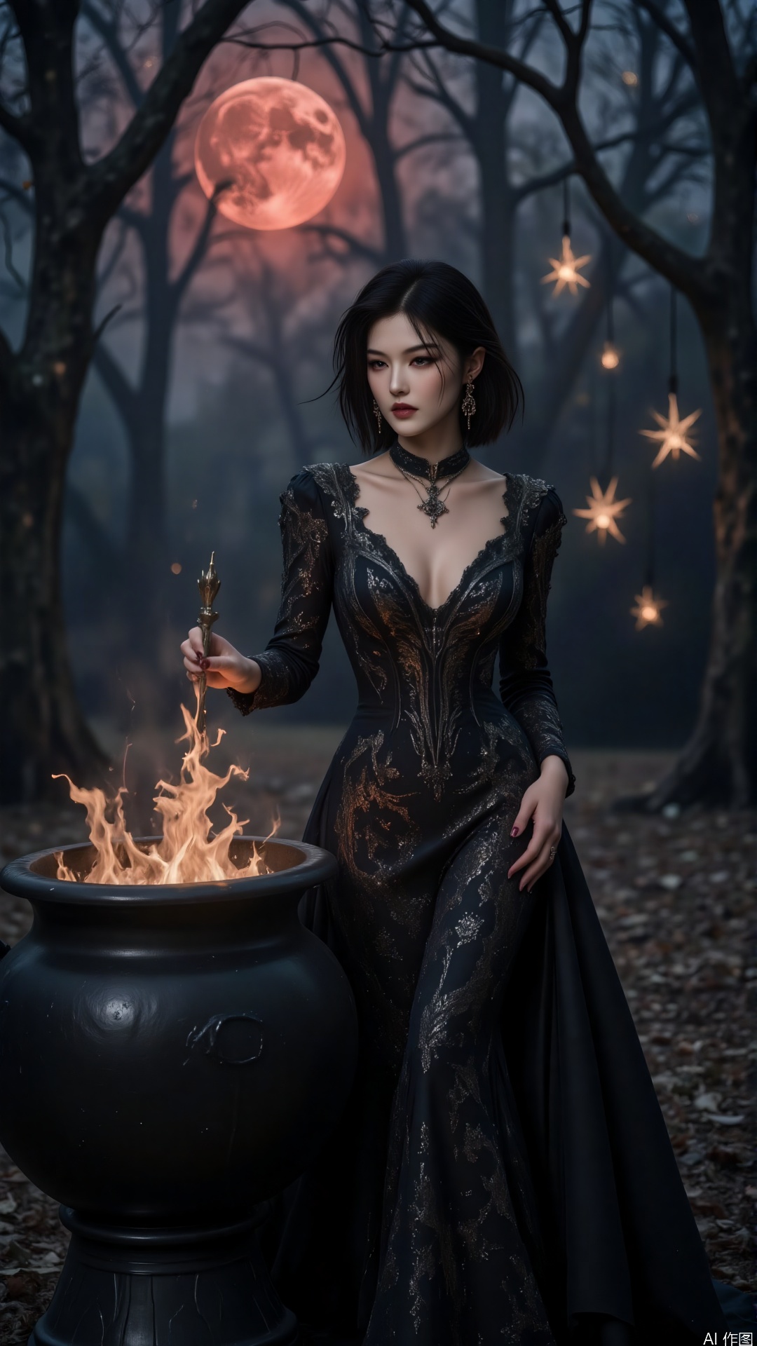 In a haunted forest under a blood - red moon, a witch in a black gothic dress stands beside a bubbling cauldron. The dress is embroidered with arcane symbols in silver thread. Using her magic to create a depth - of - field effect, the gnarled trees and floating spirits blur, spotlighting her as she chants ancient incantations.